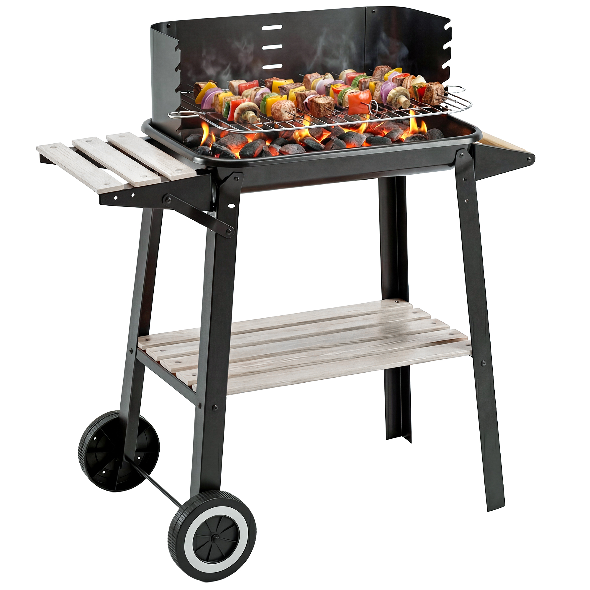 Outsunny Barbacoa de Carbón Vegetal Parrillas Asador BBQ de Picnic Altura de Parrillas Ajustables con Estantes y Ruedas Fácil Mover para Jardín Exterior Acampada 83x46x87 cm