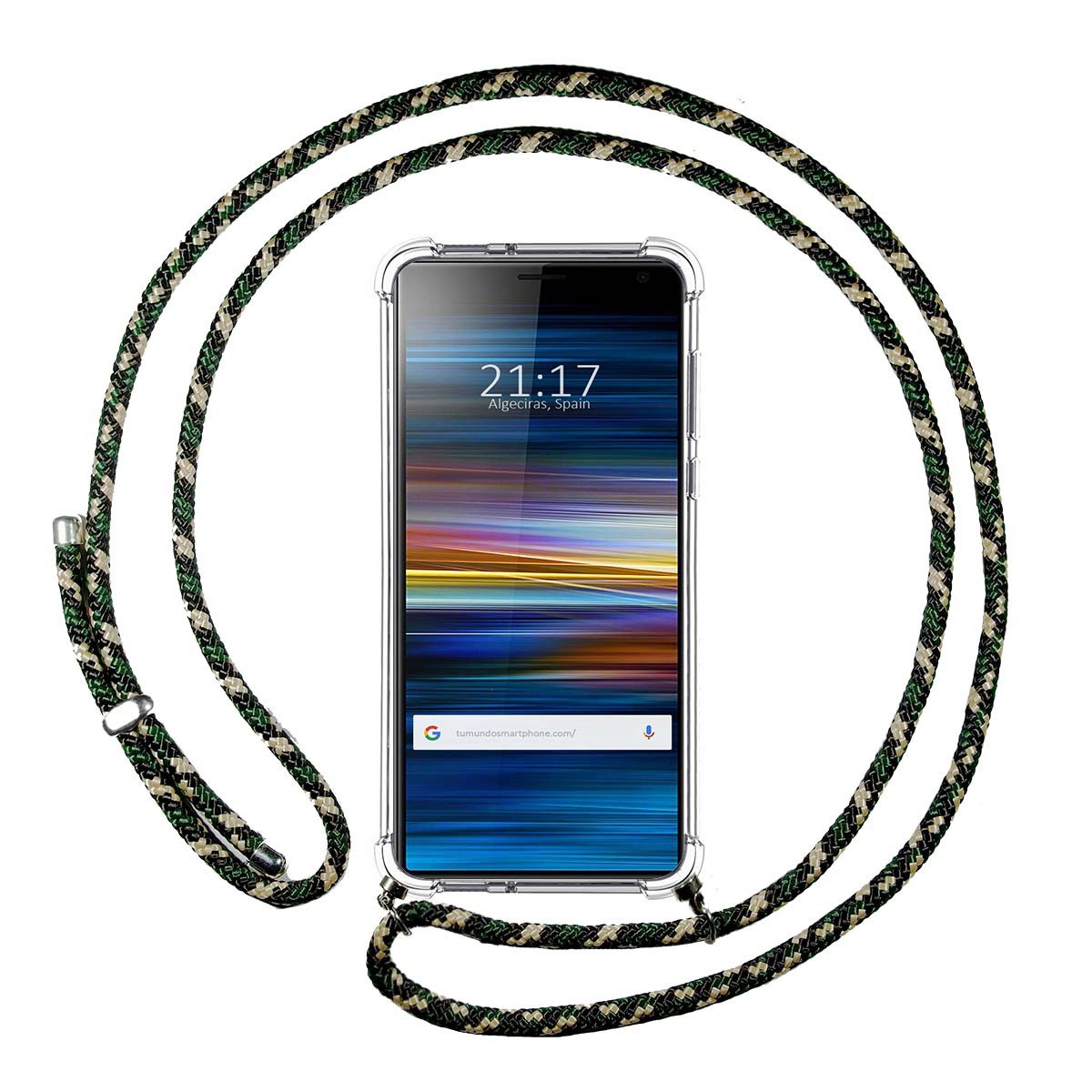 Tumundosmartphone Funda Colgante Transparente para Sony Xperia 10 Plus con Cordon Verde / Dorado