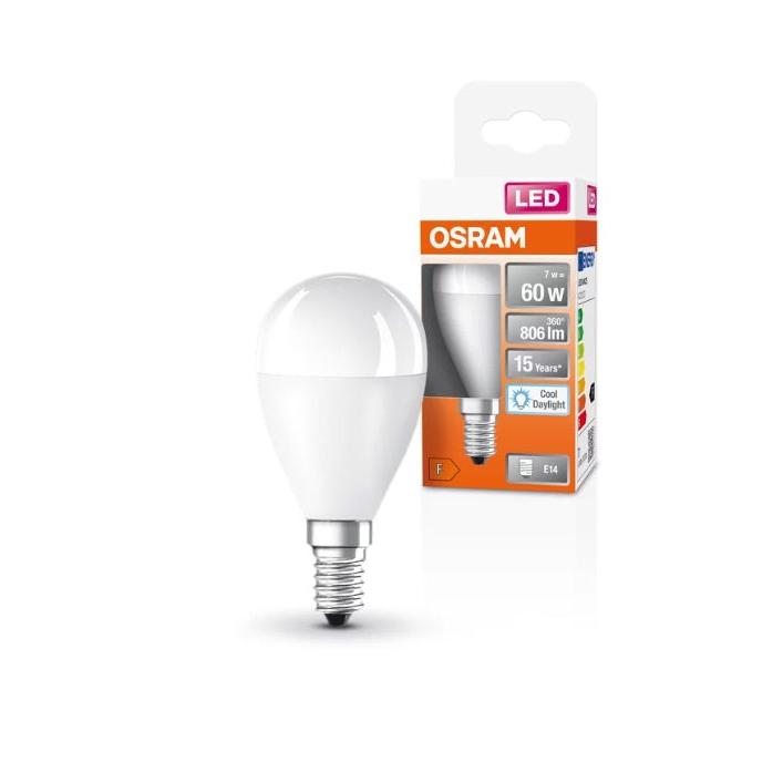OSRAM - Bombilla LED esférica 6,5 W E-14 865 con luminosidad 806 lm y duración 15.000 horas para lámparas de mesita de noche, techo y apliques pared interior