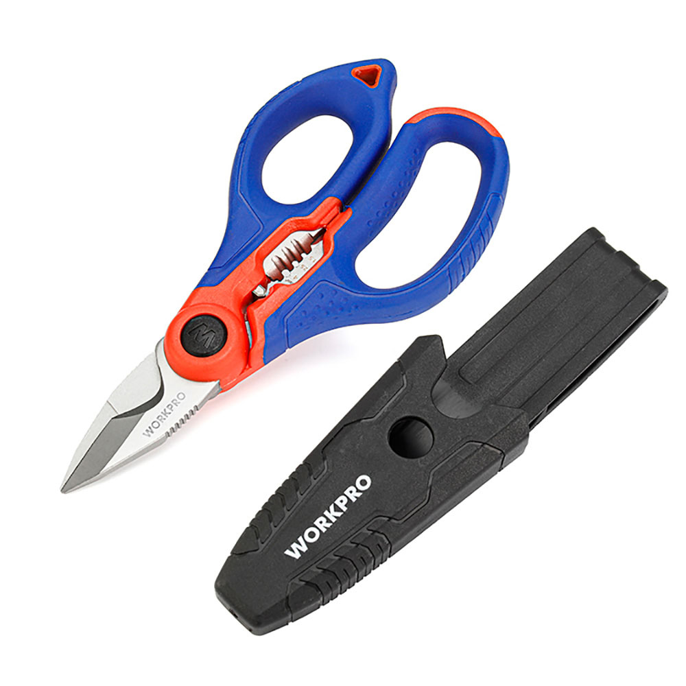 WORKPRO Tijeras Electricista, Tijeras con Pelacables 162 mm, Tijeras de Acero Inoxidable Multifunción con Funda de Clip, Tijeras para Cables
