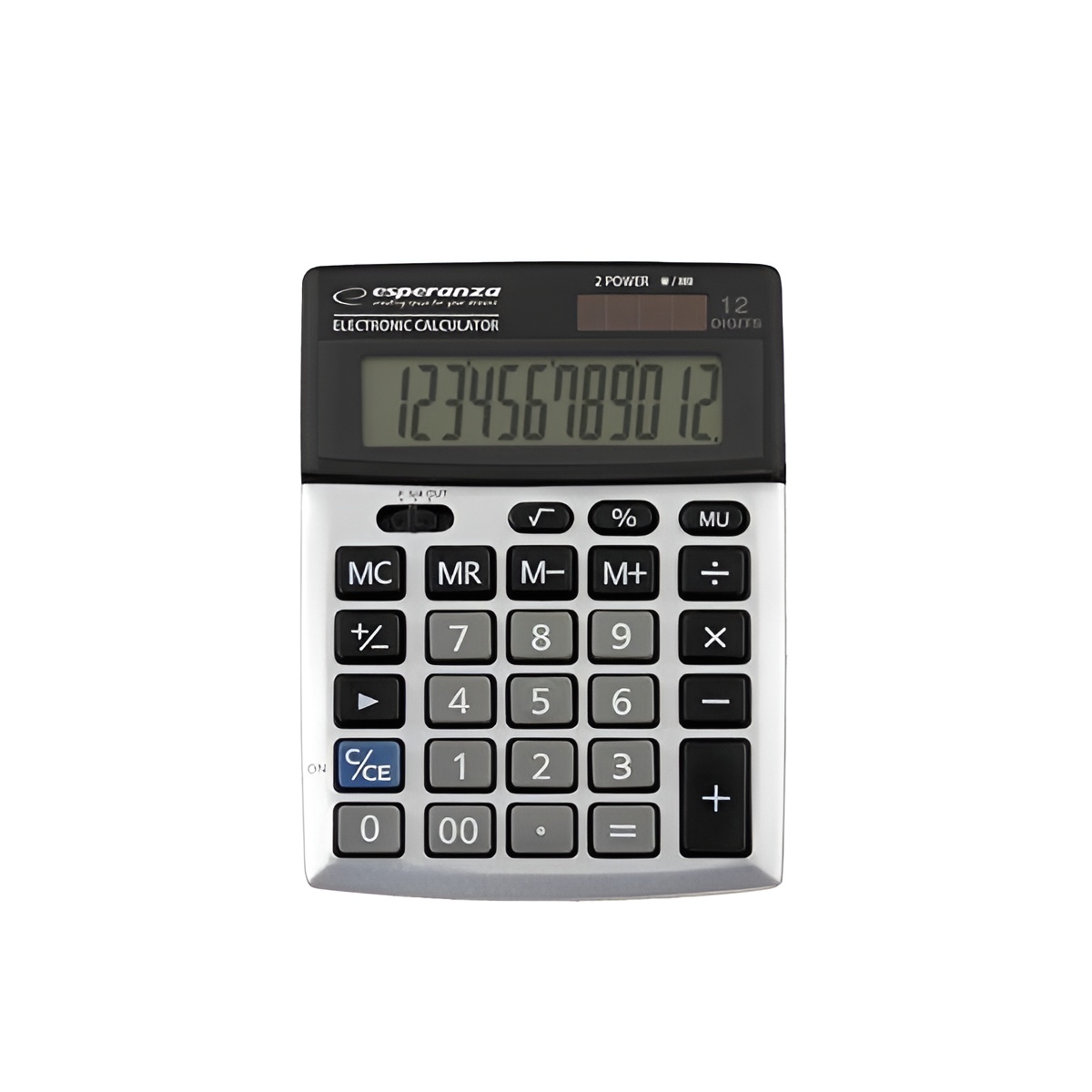 Esperanza ECL102 Desktop Calculator - Basic 12 Digits, Black and Gray, CE Certified, ideal for office and school use, perfect electronic calculation tool for students and professionals.