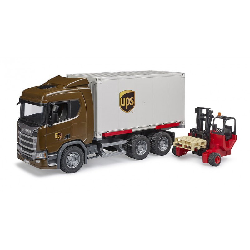 Bruder Camión Logístico Scania Super 560R UPS con Toro Transportable - Resistente y Cómodo - Estructura Desarmable