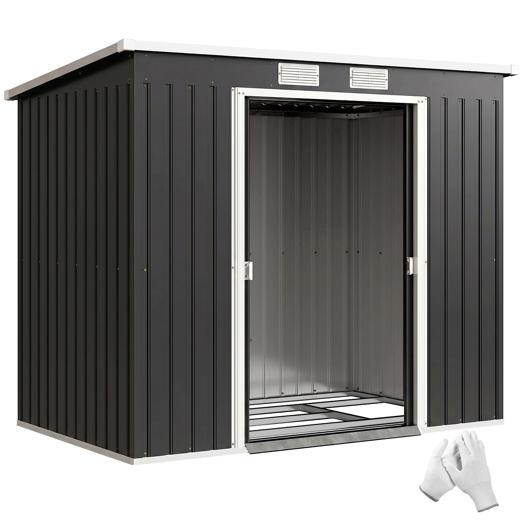 Outsunny Caseta de Jardín Exterior 2,4 m², 213x130x172 cm, Cobertizo de Jardín Exterior Metálico con Puerta Corredera, Techo Inclinado, Base Refuerzo (Suelo NO Incluido) y 2 Ventanas, Gris Oscuro