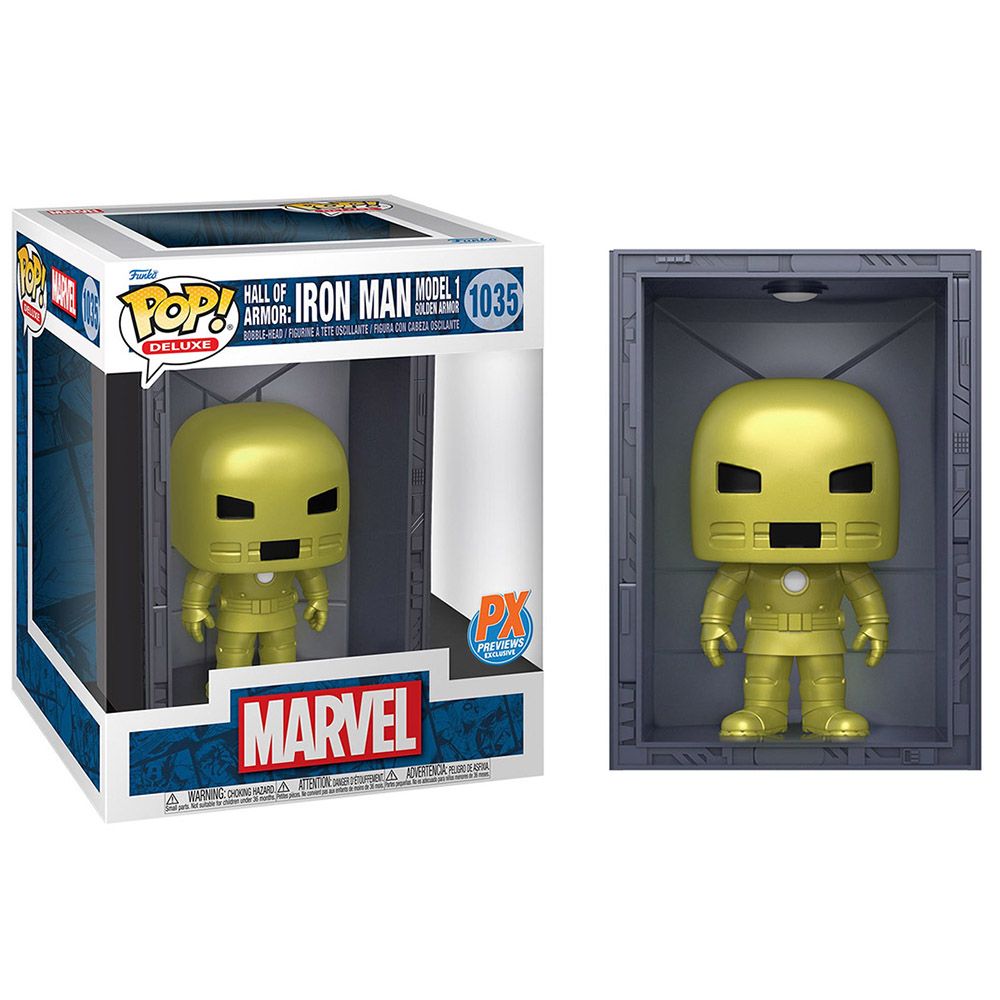 FUNKO POP! DELUXE: MARVEL - SALÓN DE ARMADURAS DE IRON MAN: ARMADURA DORADA MODELO 1, 63739, Nº1035, TIENDA CON LICENCIA OFICIAL