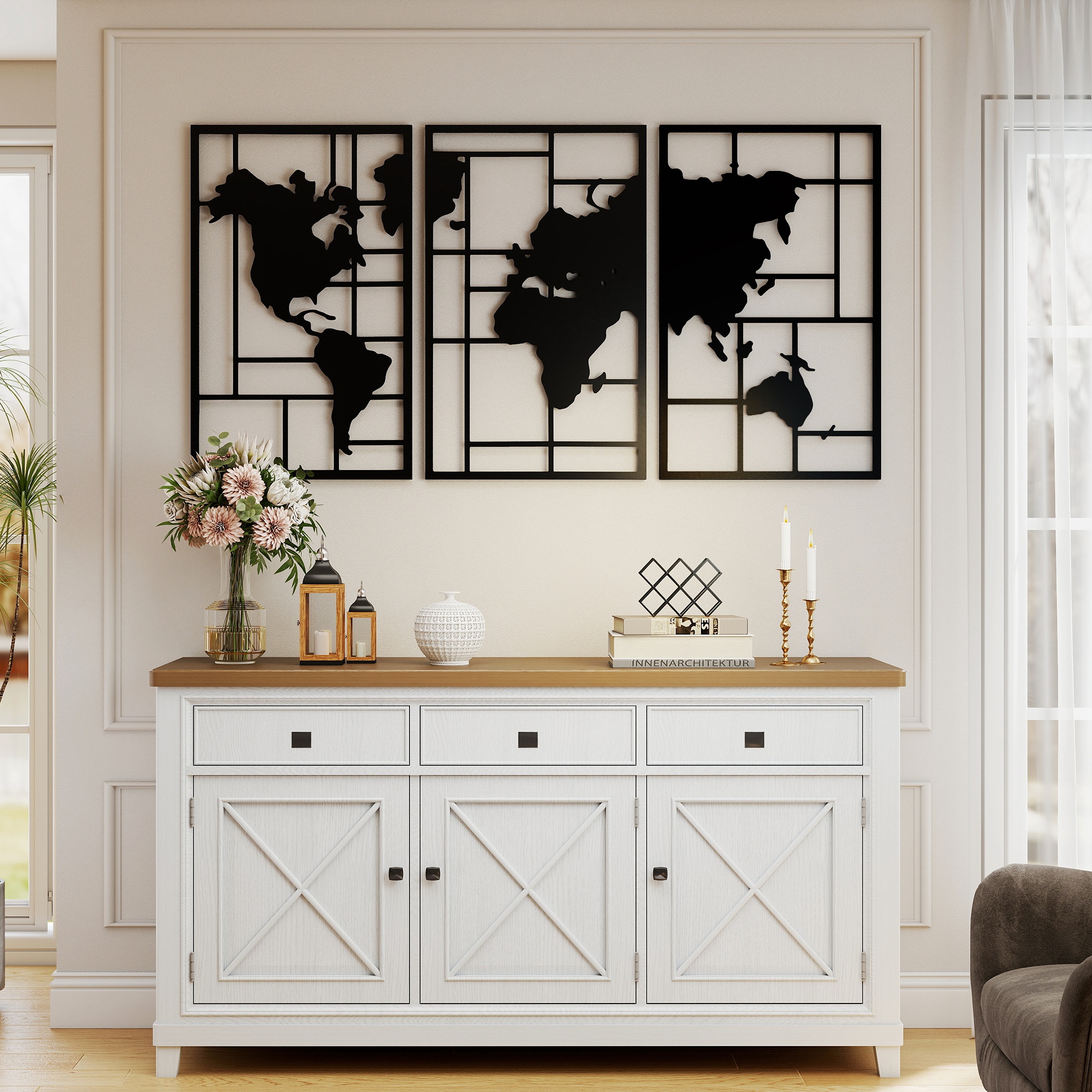 HOMCOM Decoración de Metal para Pared de Mapa Mundial, Juego de 3 Piezas, Adornos de Pared Metálicos, para Salón, Dormitorio, Pasillo, Negro