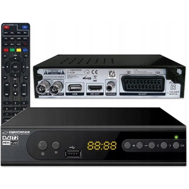 Esperanza EV106P Sintonizador digital DVB-T2 H.265/HEVC, Negro