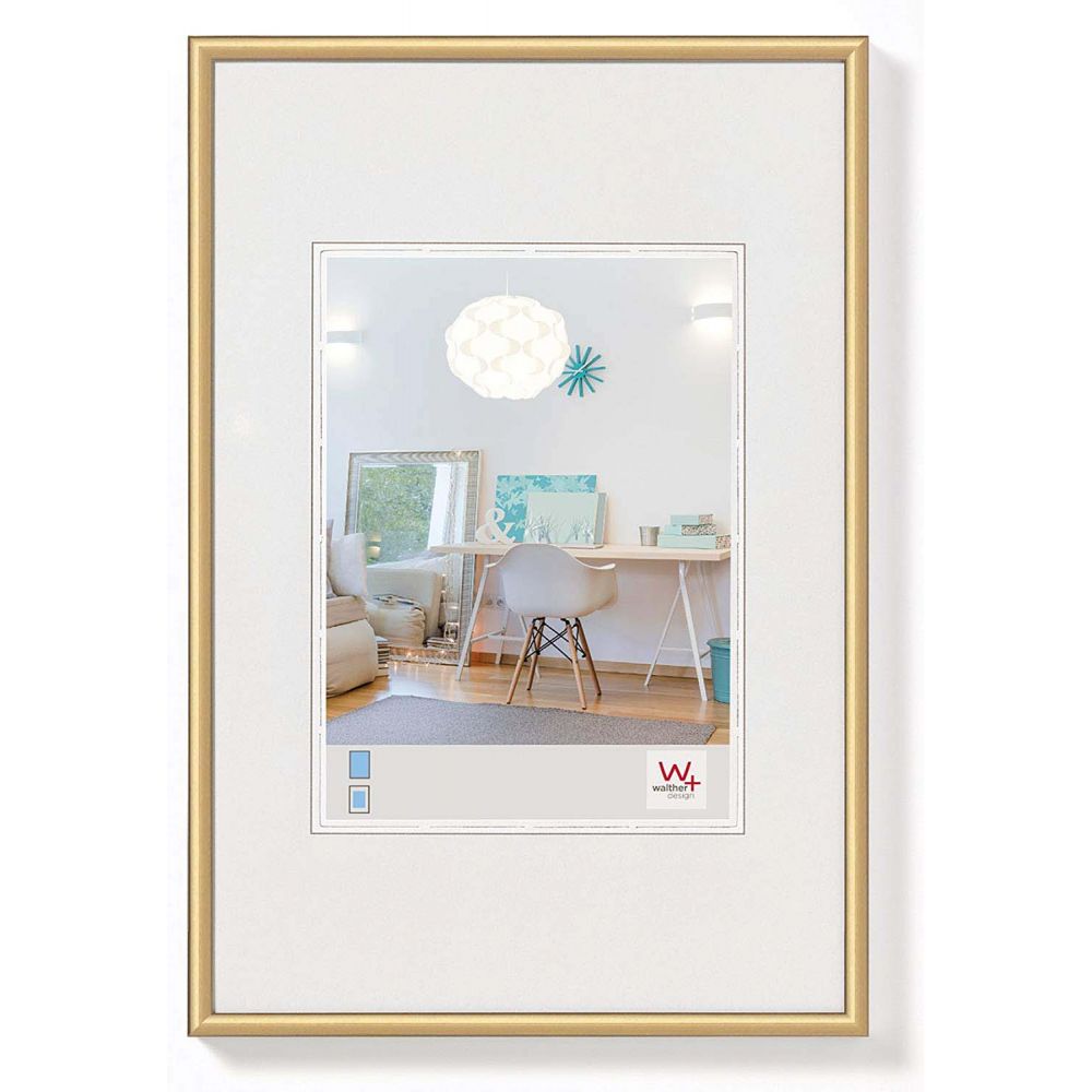 Walther Design Marco KV 50x60 Oro Plástico con Perfil Redondeado Cristal Transparente Trasera con Bisagra Tamaño Foto 30x40 Cm