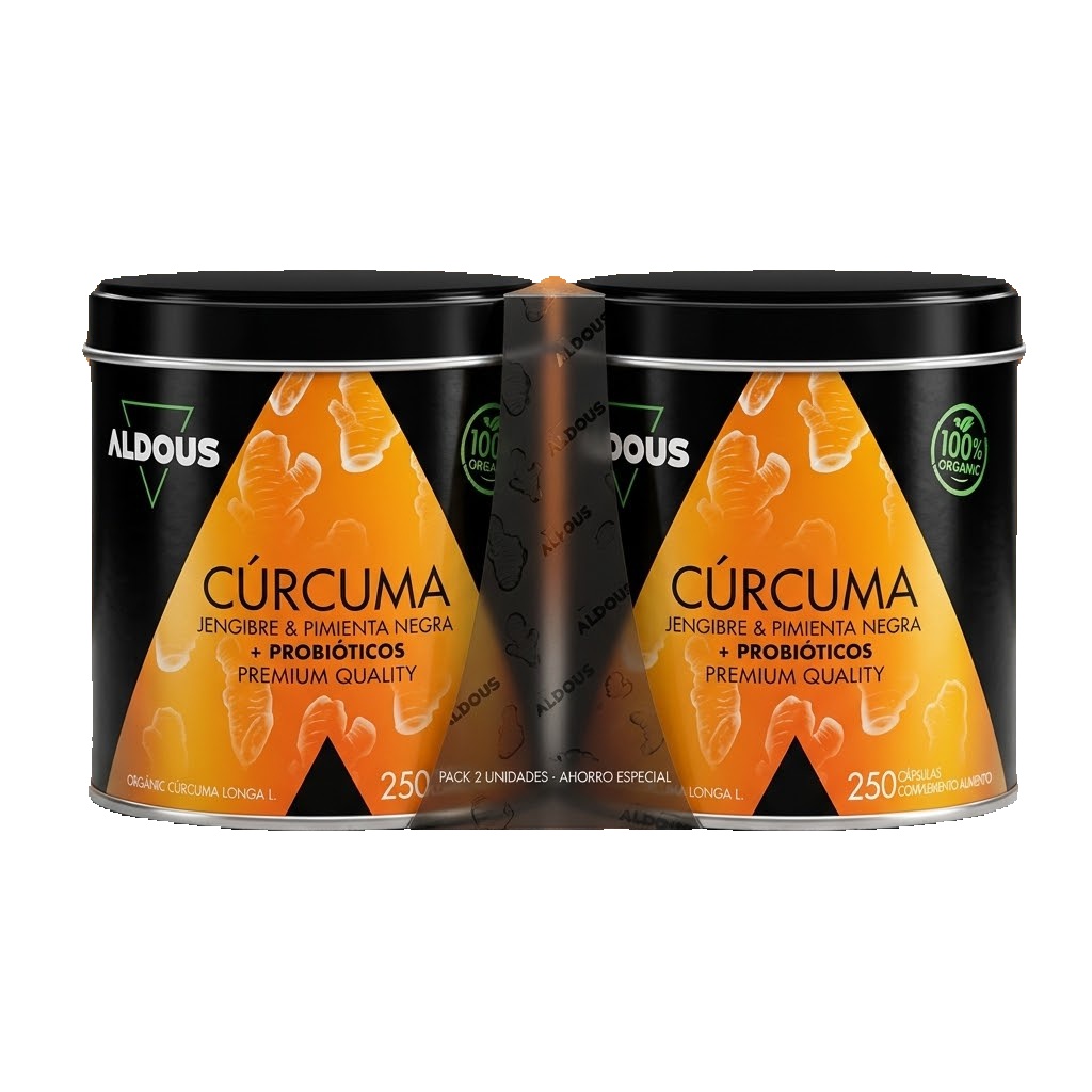 Pack DUPLO Aldous Bio Cúrcuma Ecológica con Probióticos, Jengibre y Pimienta Negra - 250 Cápsulas - Antiinflamatorio y Antioxidante Natural - Cuidado Articular y Digestivo - Alta Absorción - 100% Vegano y Bio