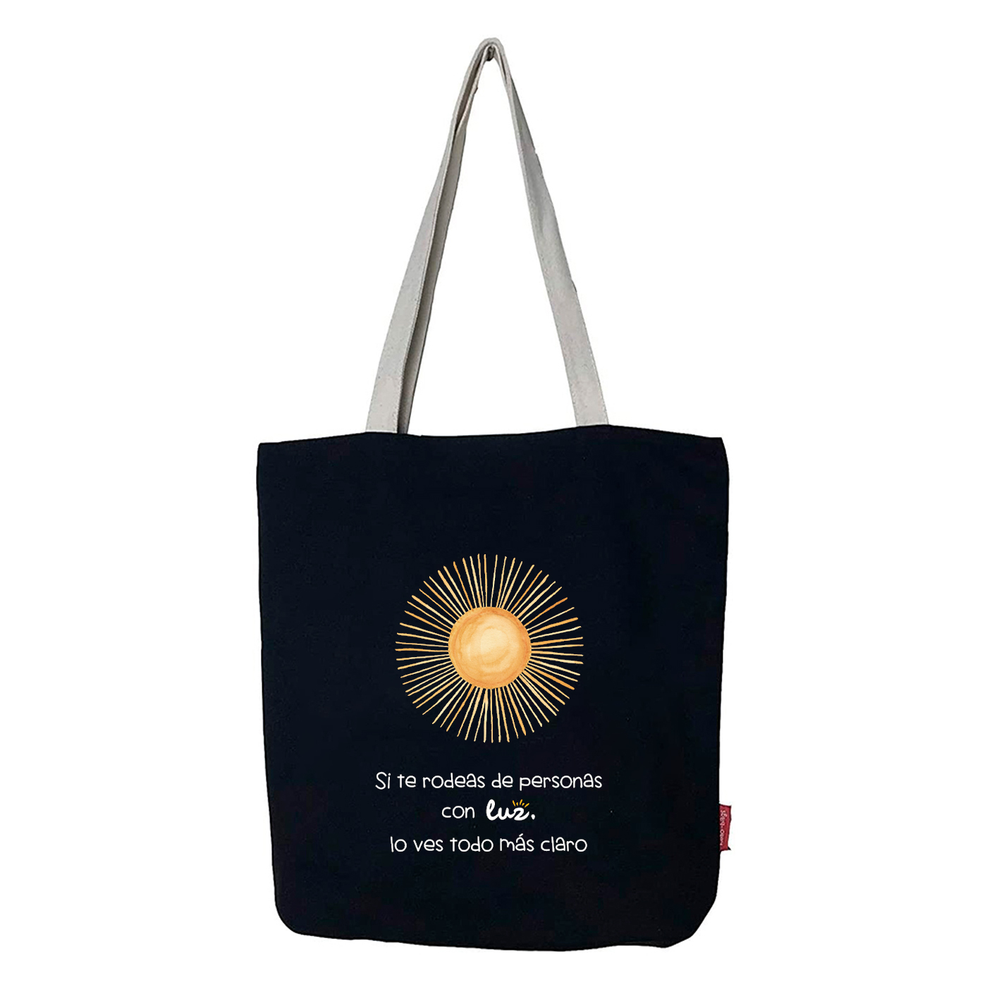 Hello-Bags. Bolso tote bag con cremallera, forro y bolsillo interior. Exterior: Algodón 100%. Incluye sobre kraft de regalo. Modelo SI TE RODEAS. Color: Crudo / Negro. Medidas: 37x38 cm.