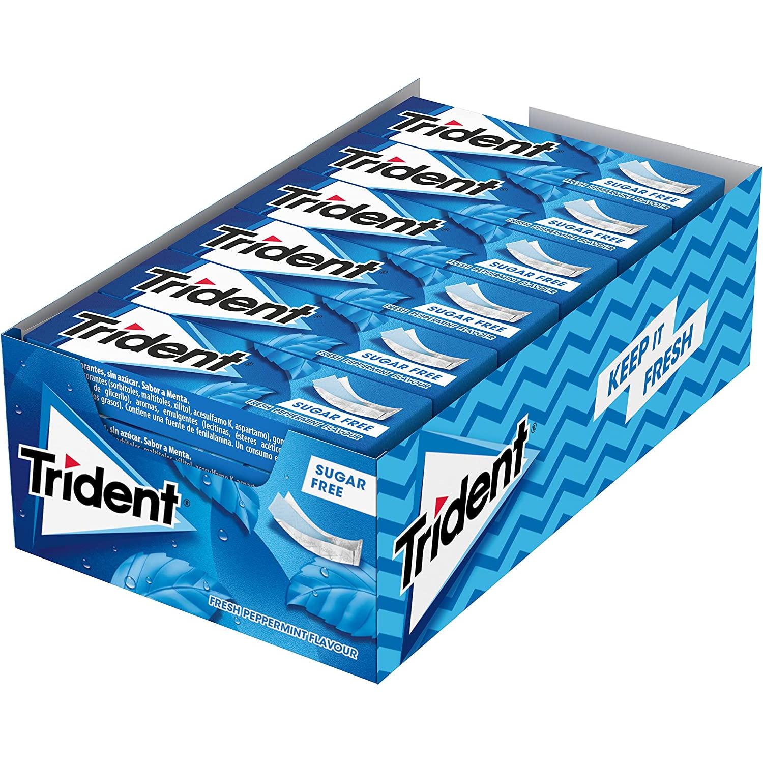 Trident lámina - Chicles sin Azúcar con Sabor a Hierbabuena, Fresa o Menta - Caja con 24 unidades de deliciosos chicles tipo lámina de Trident con sabor duradero - Es la goma de mascar más suave. Está elaborada sin azúcar para que puedas sonreír a la vida