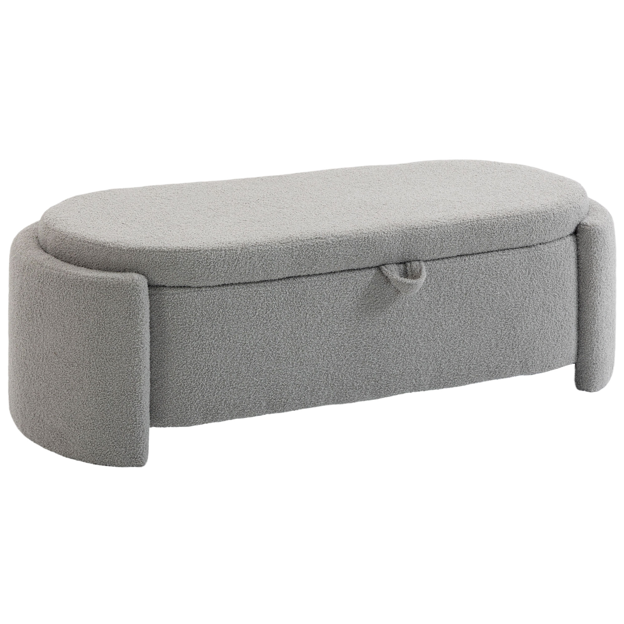 HOMCOM Puff Almacenaje, Banco Almacenaje Ovalado, 129x48,5x44 cm, Tapizado en Terciopelo de Teddy, Baúl de Almacenamiento, Carga 200 kg, Taburete para Sala de Estar, Dormitorio, Entrada, Gris Claro