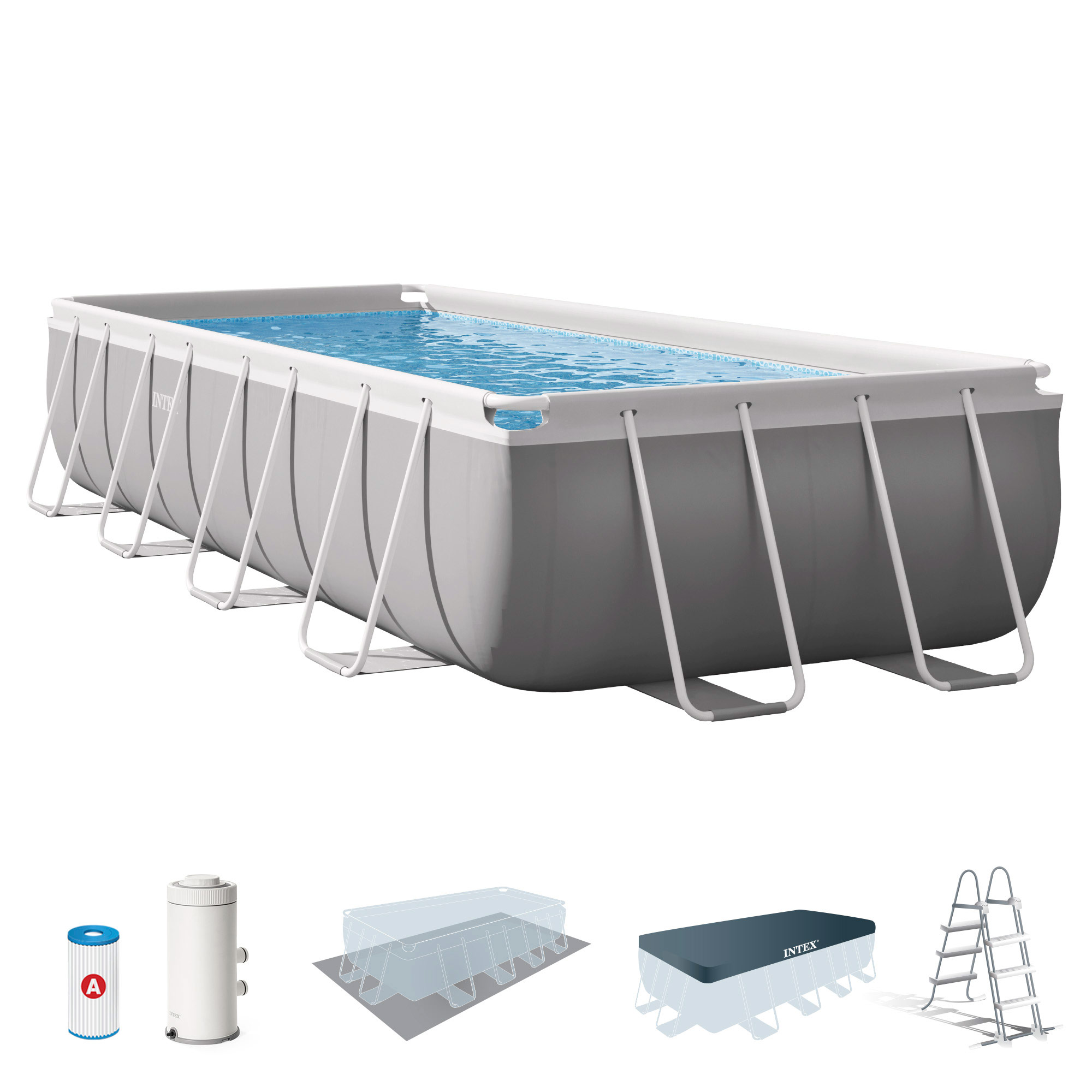 INTEX - Piscina desmontable rectangular Prism Frame de hasta 5 metros_ incluye depuradora y escalera_ color gris_ resistente y duradera_ +6 años_ 45-60 min. montaje_ piscinas desmontables grandes_ piscinas familiares