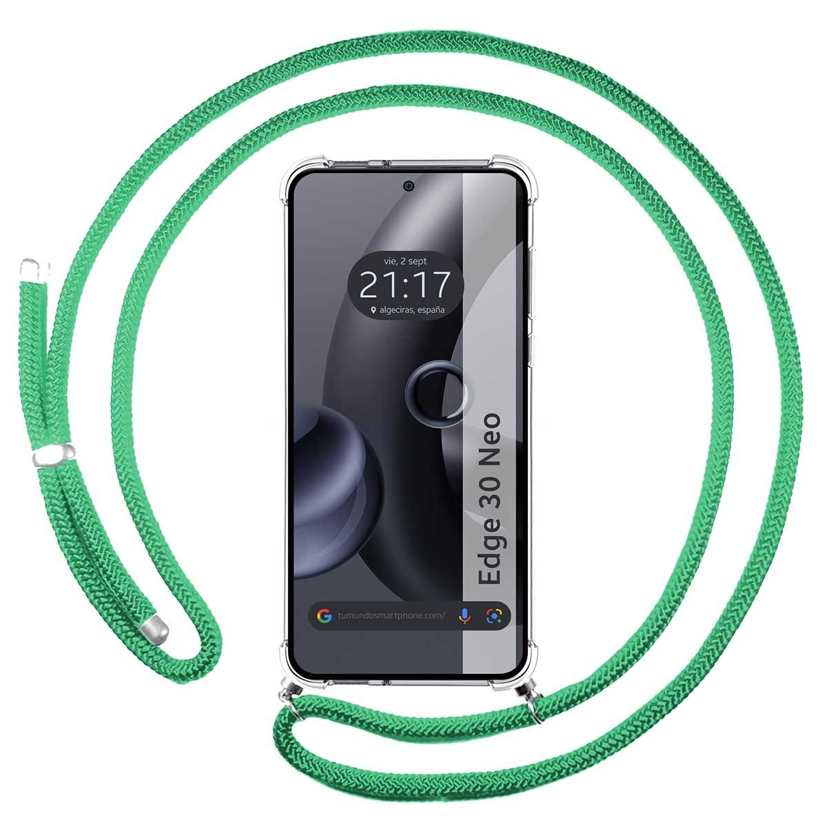 Tumundosmartphone Funda Colgante Transparente para Motorola Edge 30 Neo 5G con Cordon Verde Agua - Protección Antigolpes