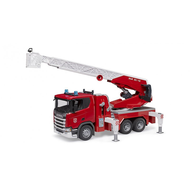 BRUDER Camión de Bomberos Scania Super 560R con Escalera Giratoria y Módulo de Luces y Sonido - Juguete Realista y Resistente para Niños