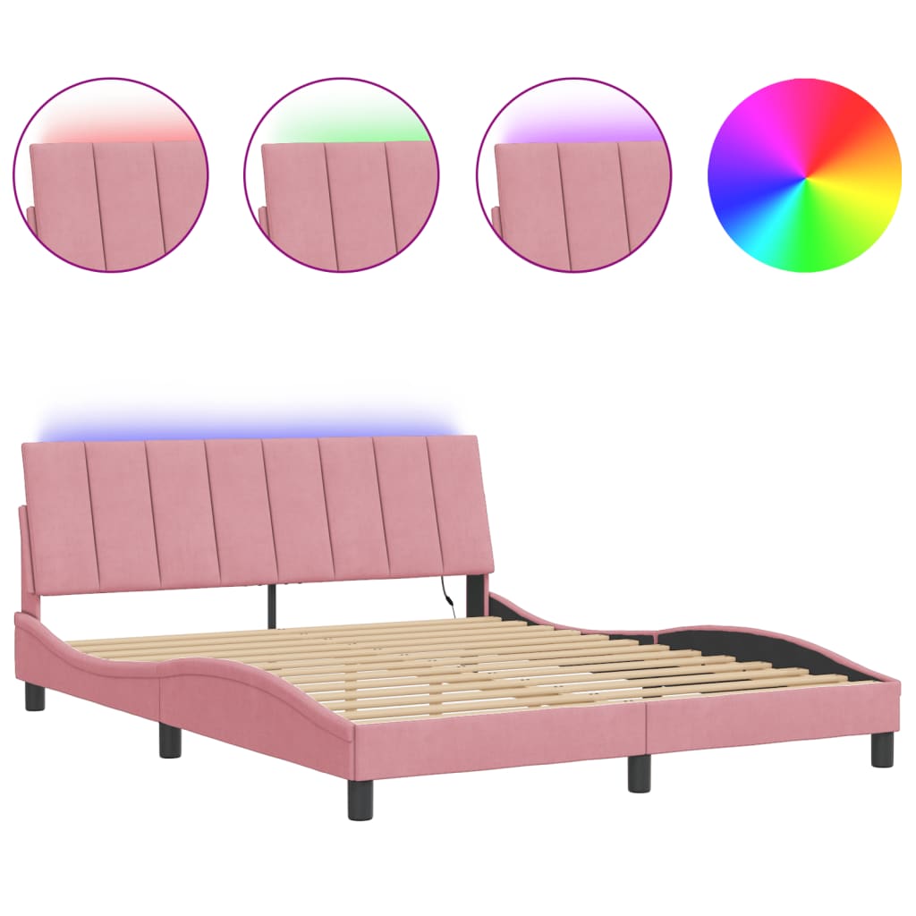 vidaXL Estructura de cama con luces LED terciopelo rosa 160x200 cm