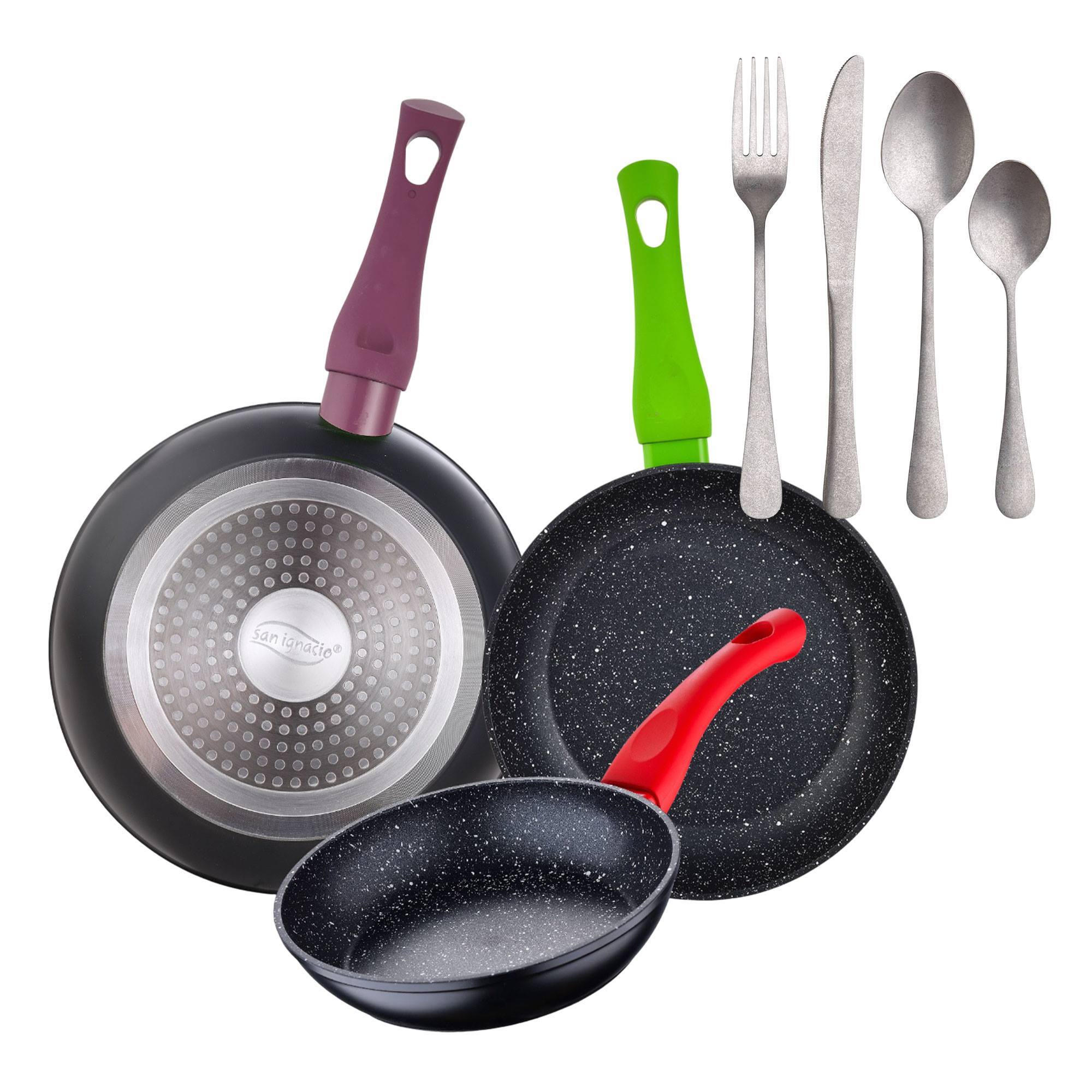 Juego de 3 sartenes San Ignacio 18/22/26 cm+Delantal de Cocina Gris oscuro 100% Algodón 75x80cm