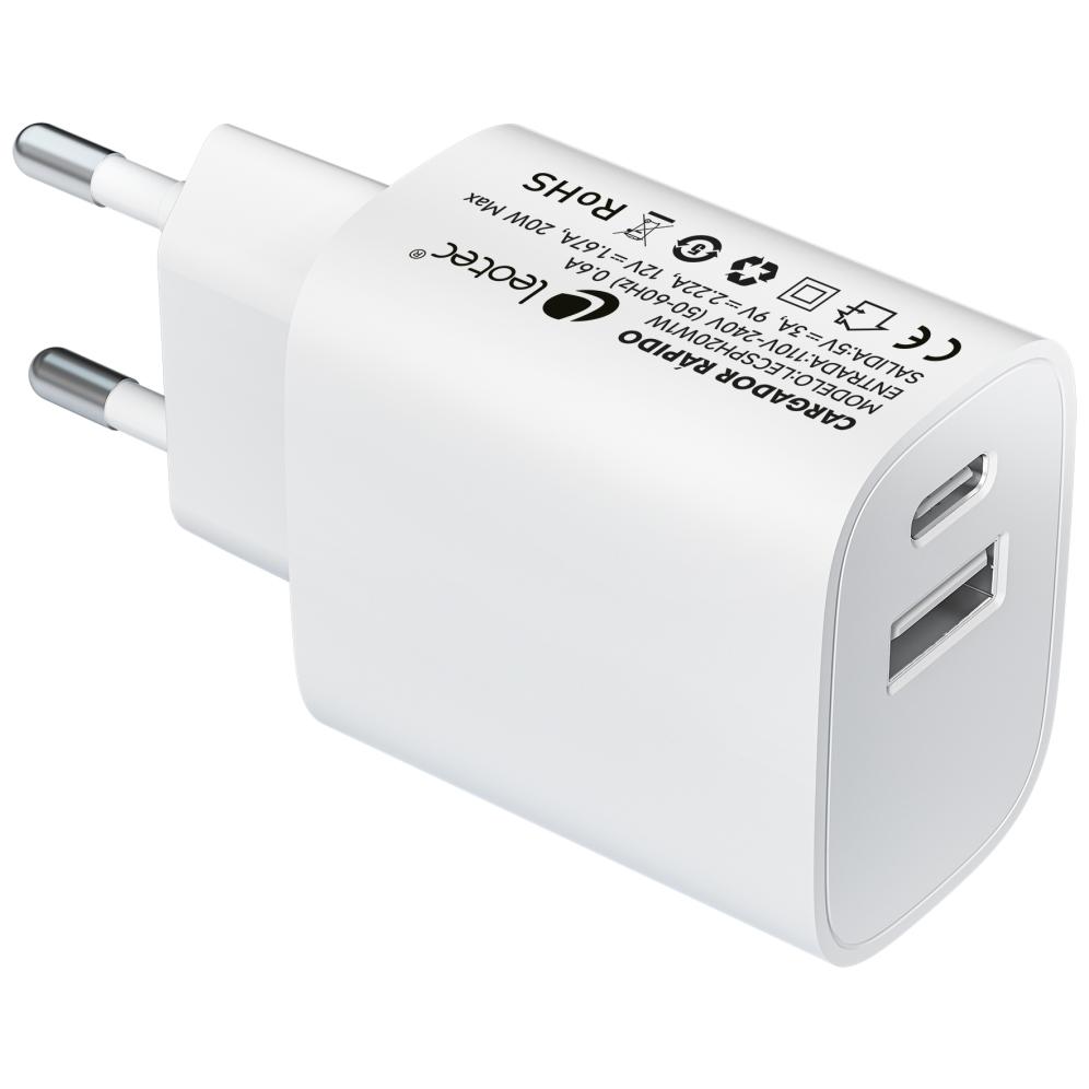 Leotec Cargador de Pared Doble USB-C PD/USB 2.0 20W Blanco