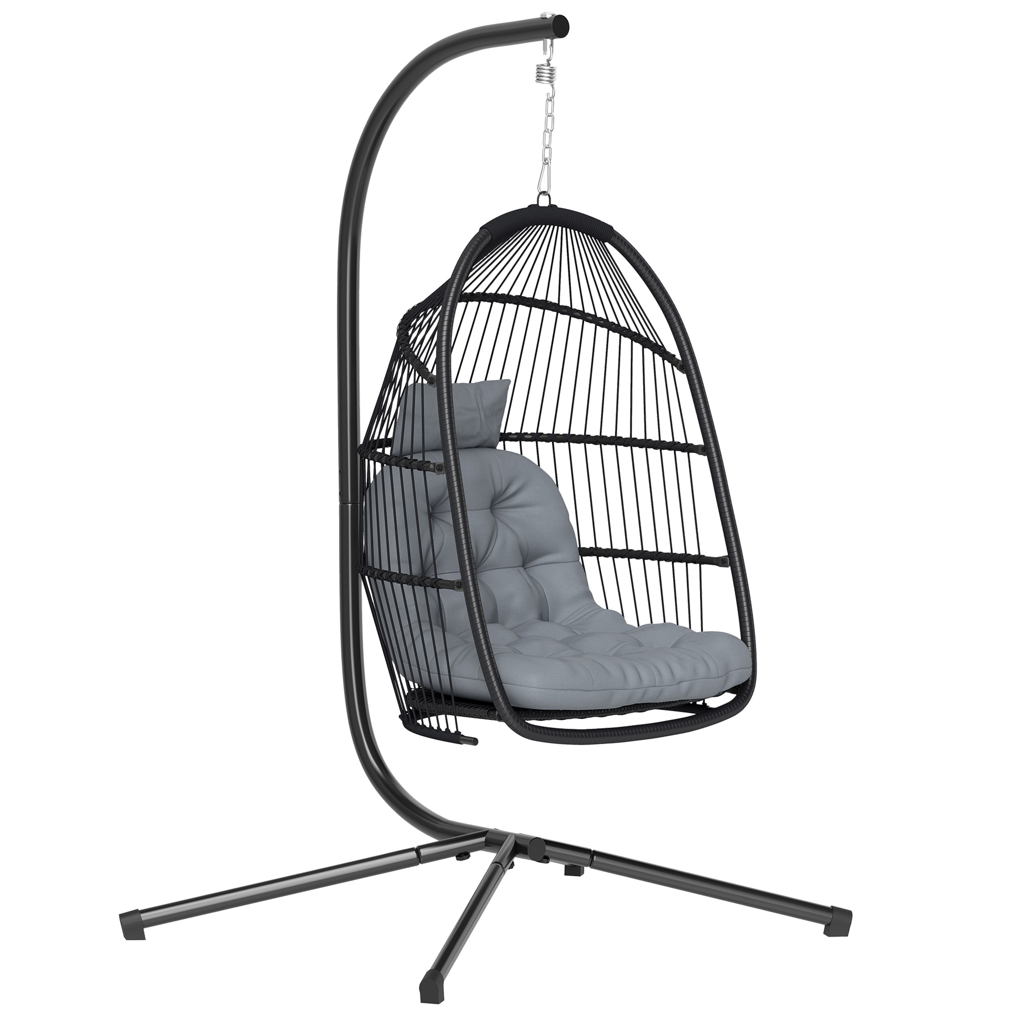 Outsunny Silla Colgante Huevo con Soporte, Columpio Jardín Exterior con Cesta Plegable, Cojín Anti-UV y Reposacabezas Desmontable para Interior y Exterior, Carga 150 kg, Gris Oscuro
