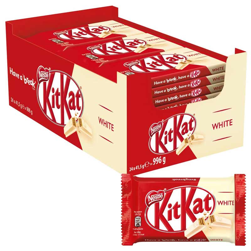 Kitkat Nestlé Kit Kat Blanco - 24 Paquetes de 41,5 Gr - Barritas de Galleta Separables con Chocolate Blanco