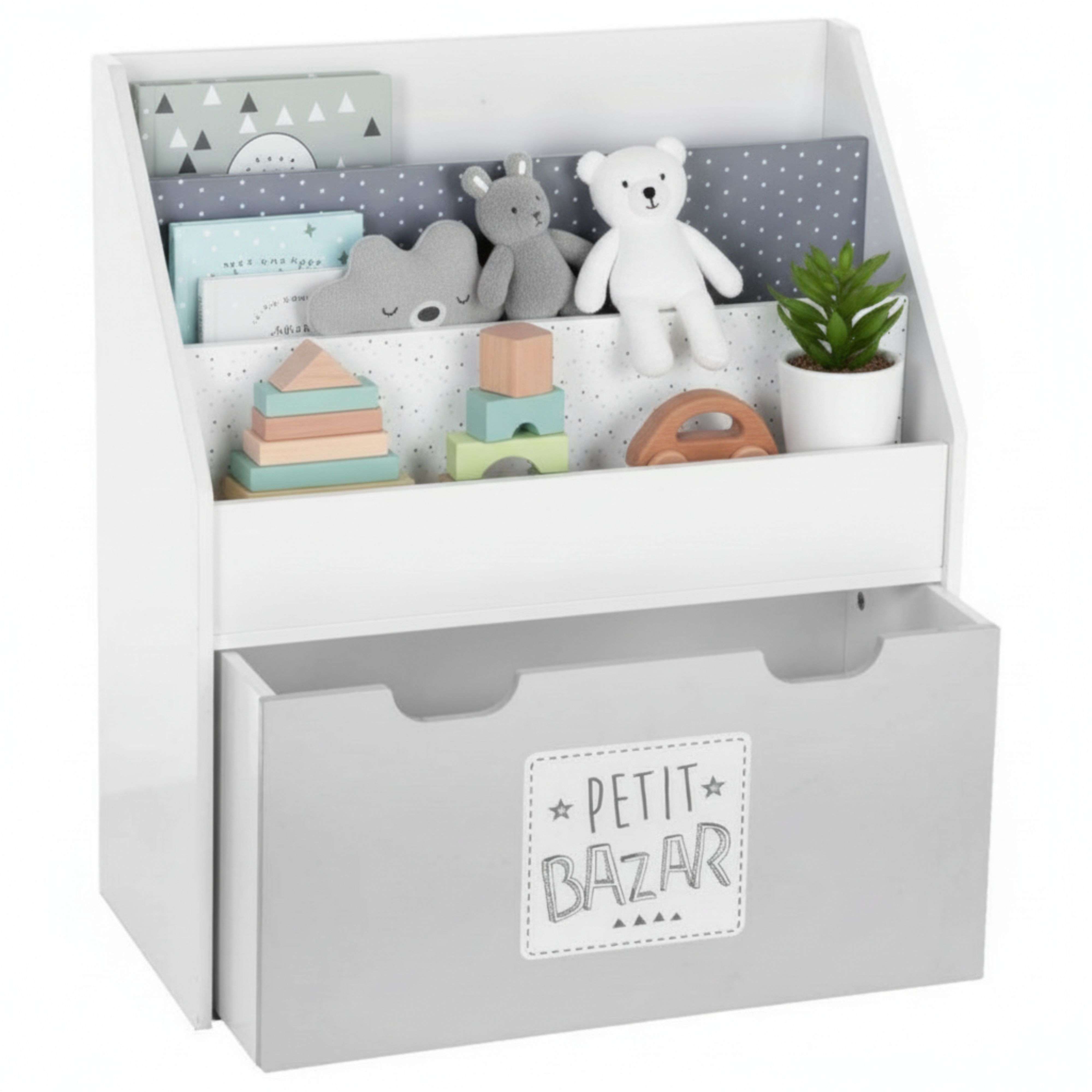 Miroytengo Librería Infantil con Cajón y Ruedas para Niños y Niñas 2 Estantes, Almacenamiento Escalonado Color Blanco y Gris 62.5 cm