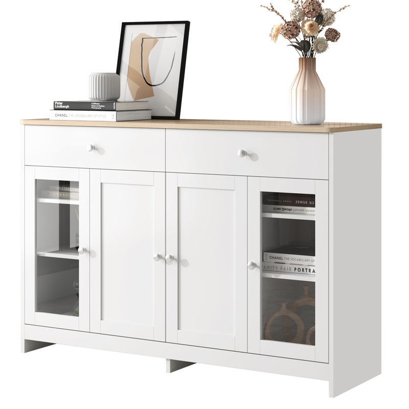 Buffet blanc et bois naturel avec quatre portes, deux tiroirs et portes vitrées