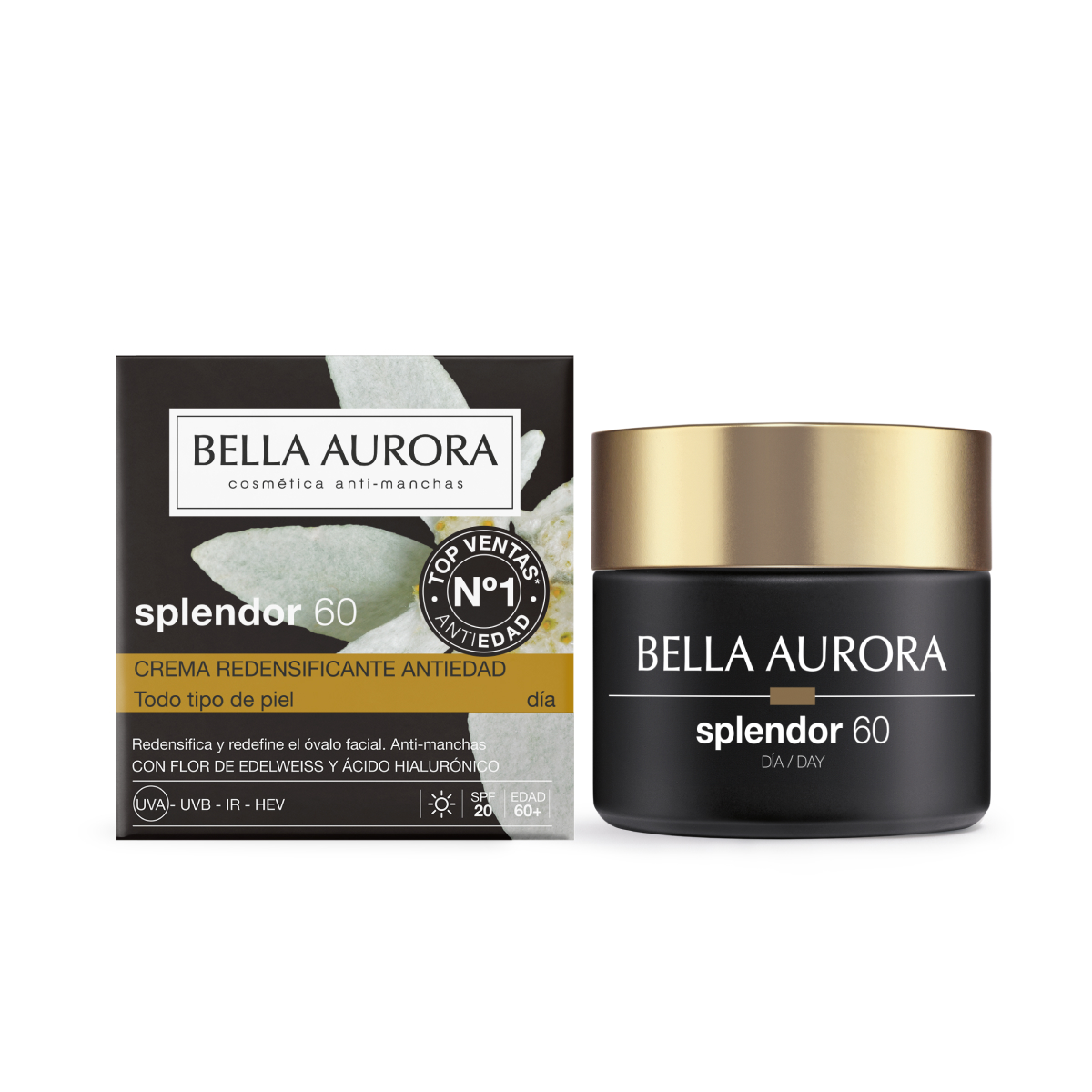 Bella Aurora Splendor 60 Crema de Día Antiedad SPF20 | Redensificante y Antimanchas | Reduce Arrugas y Mejora la Firmeza | Con Ácido Hialurónico | Piel Madura | 50 ml