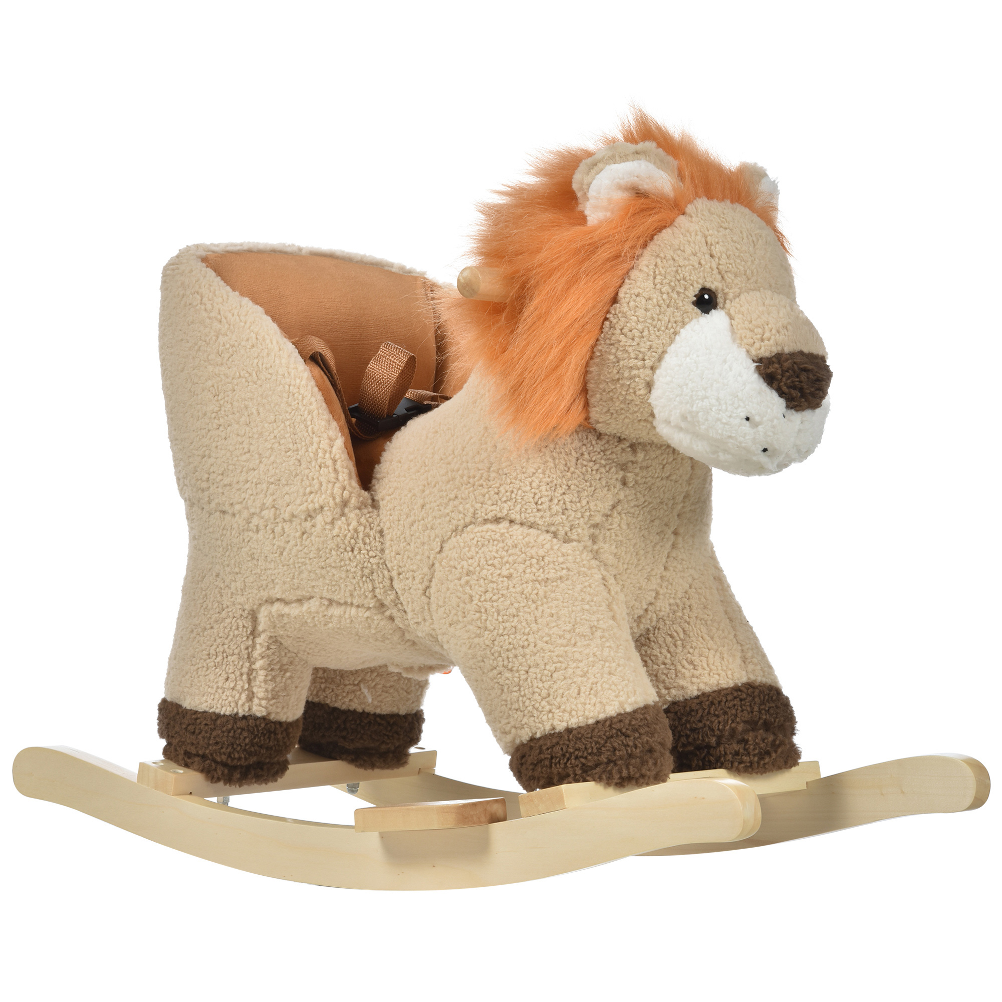 HOMCOM Caballito Balancín Infantil en Forma de León de Felpa Balancín para Bebés 18-36 Meses con Sonido Cinturón de Seguridad Manillar y Reposapiés 68x35x50 cm Marrón
