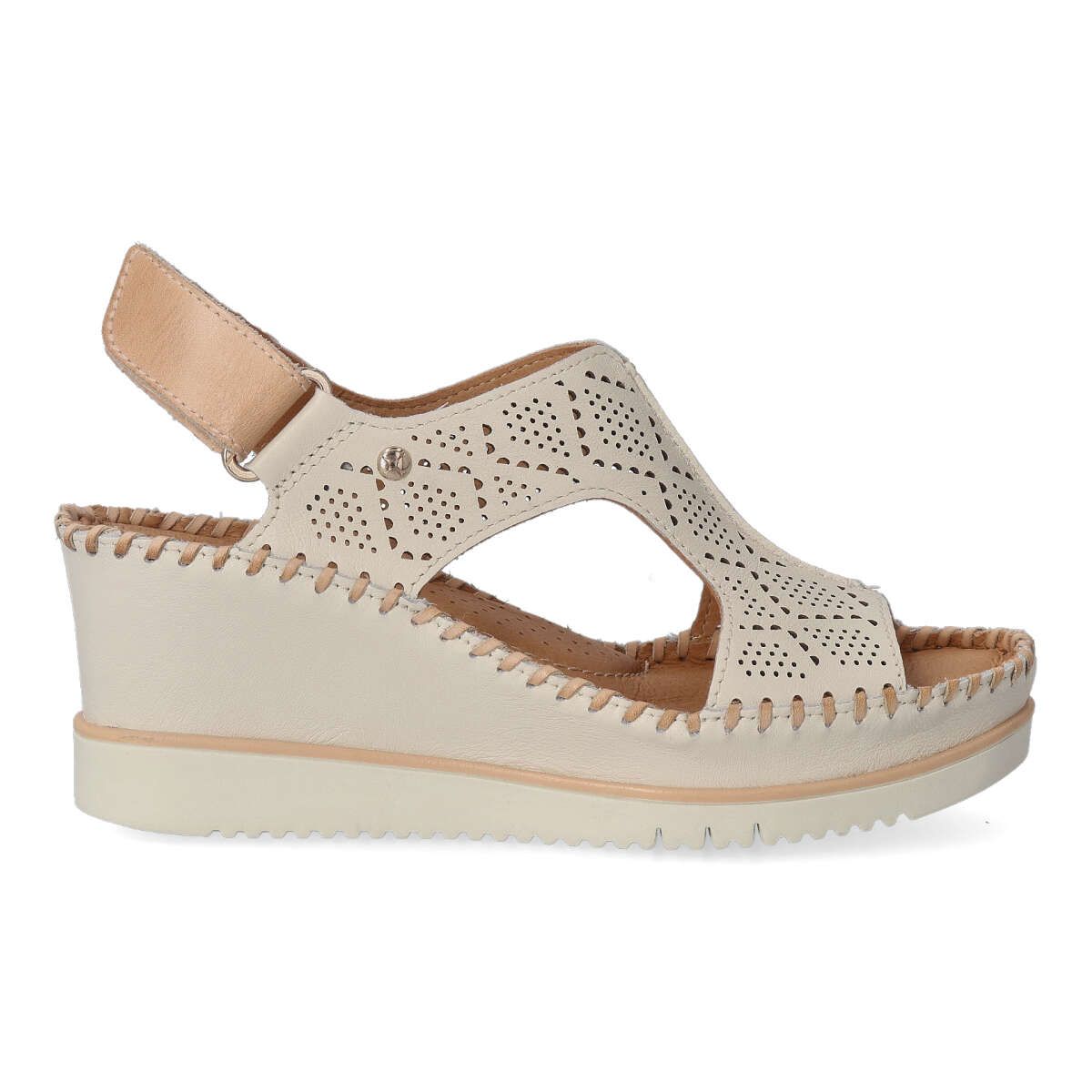 Pikolinos - Sandalias de piel troquelada con cuña 6,5 cm para mujer, cierre de velcro y suela de goma extraligera color nata