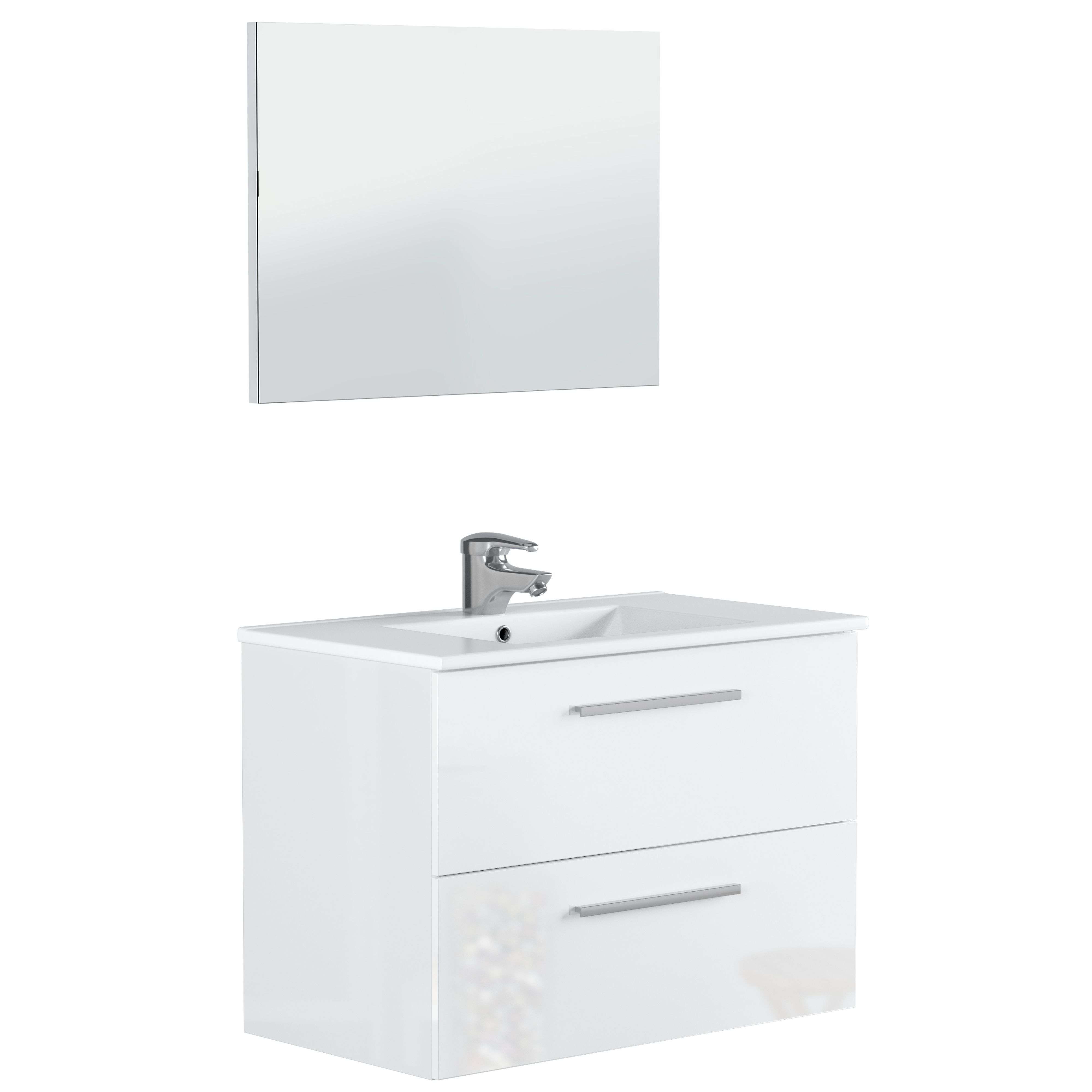 Miroytengo Mueble de Baño Suspendido Aruba Estilo Contemporáneo en Color Blanco con 2 Cajones y Espejo 80x45x57 cm (Lavabo Opcional)
