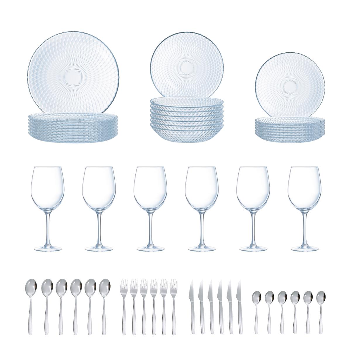 LUMINARC APARTAMENTO Set Apartamento 48 PIEZAS - 6 PERSONAS Transparente Brillo Fácil de limpiar Ecológico