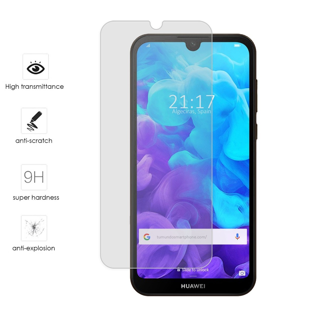 Tumundosmartphone Protector Cristal Templado para Huawei Y5 2019 Vidrio