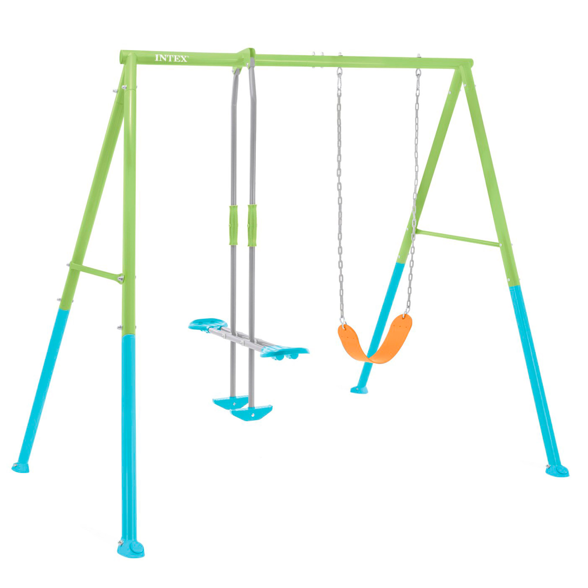 INTEX - Columpio de metal con balancín doble plaza y asiento, regulable en altura, máx 144 kg seguro y resistente, columpios para niños 3-10 años, juegos exterior, certificado CE