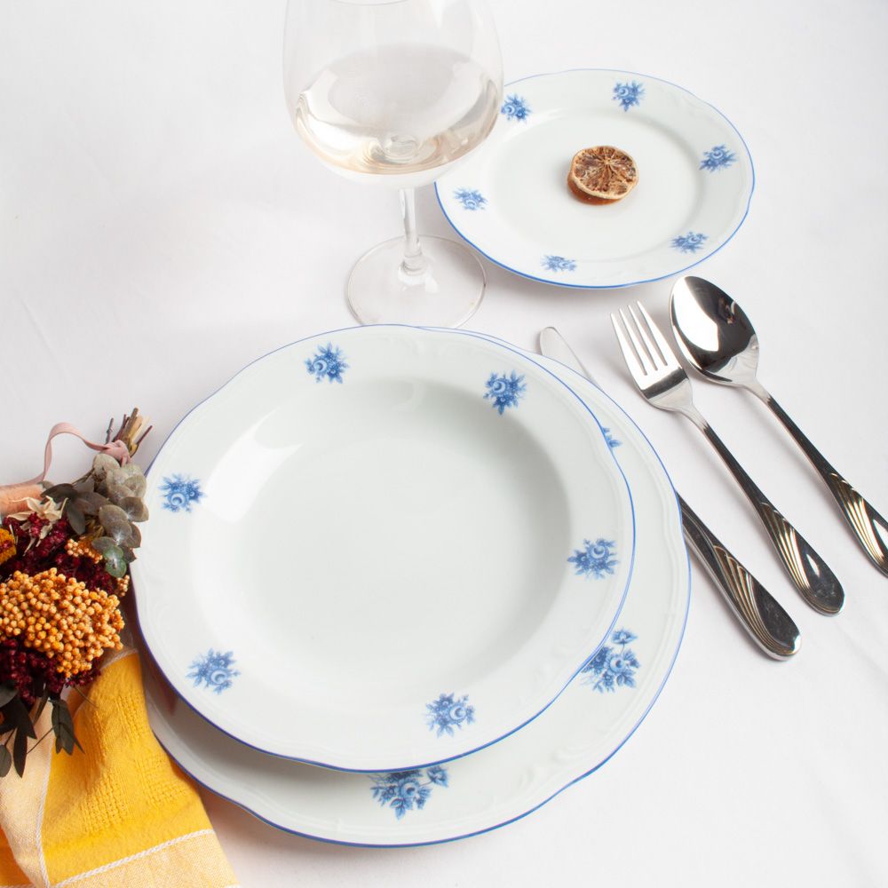 Juego de 18 Platos de Porcelana Blanca con Flores Azules para 6 Servicios | Lubeck CRC Set Vajilla Menaje Mesa Platos ARTICULOS DE HOGAR Vajilla CRC Menaje