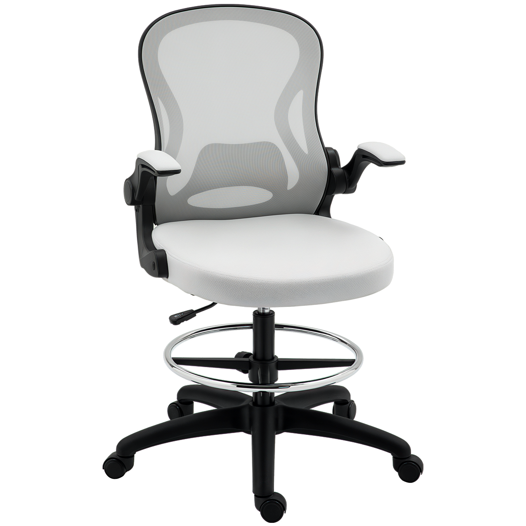Vinsetto Silla de Dibujo Giratoria Silla de Escritorio Silla Alta con Respaldo Medio Soporte Lumbar Reposabrazos Abatibles Altura Ajustable Carga 120 kg 59x65x102-122 cm Gris Claro
