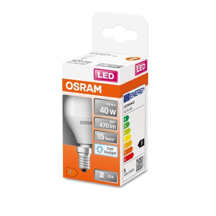 OSRAM - Bombilla LED esférica 4,9 W E-14 865 con luminosidad 470 lm y duración 15.000 h para lámparas de mesita de noche, techo y apliques de pared interior