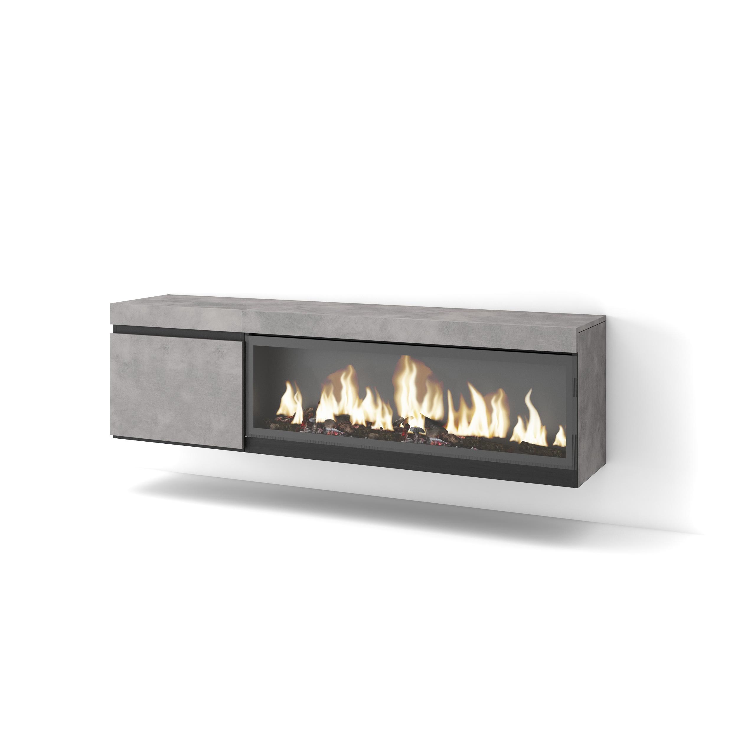 Skraut Home, Mueble Televisión, 158x35x45cm, Fuego Led XXL efecto 3D, Veteado de madera, Tacto poroso de alta calidad