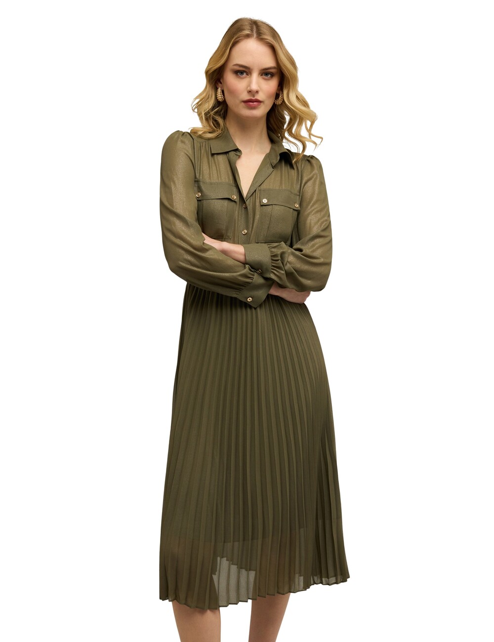 Motivi - Vestido camisero en georgette plisado
