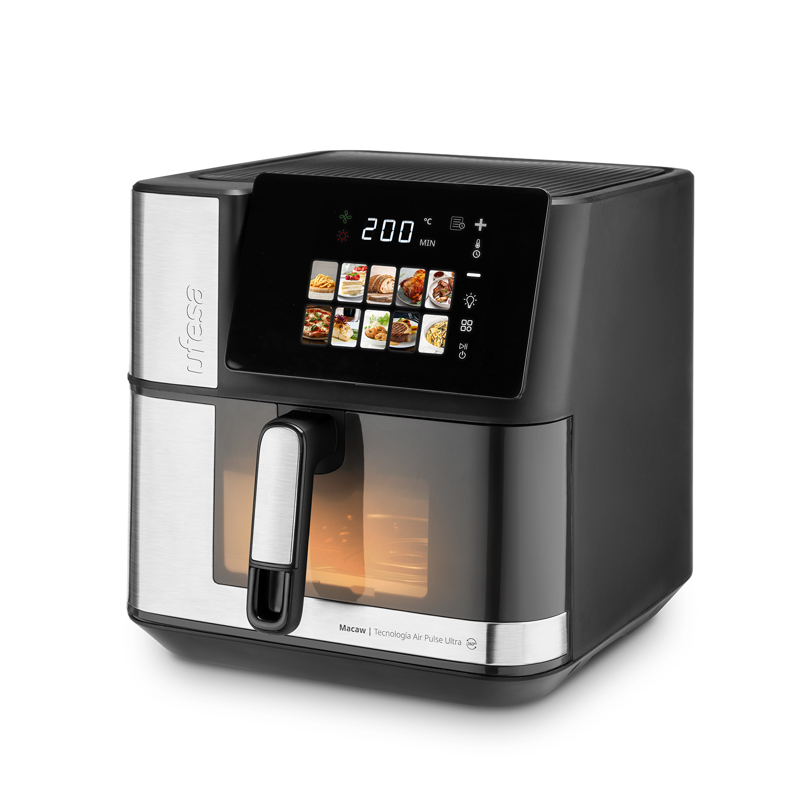 Ufesa - Freidora de aire Macaw 8.8L con potencia de 2200 W, Tecnología Air Pulse Ultra 360º con doble resistencia, pantalla táctil digital y 10 programas preestablecidos para cocinar rápido, sano y crujiente