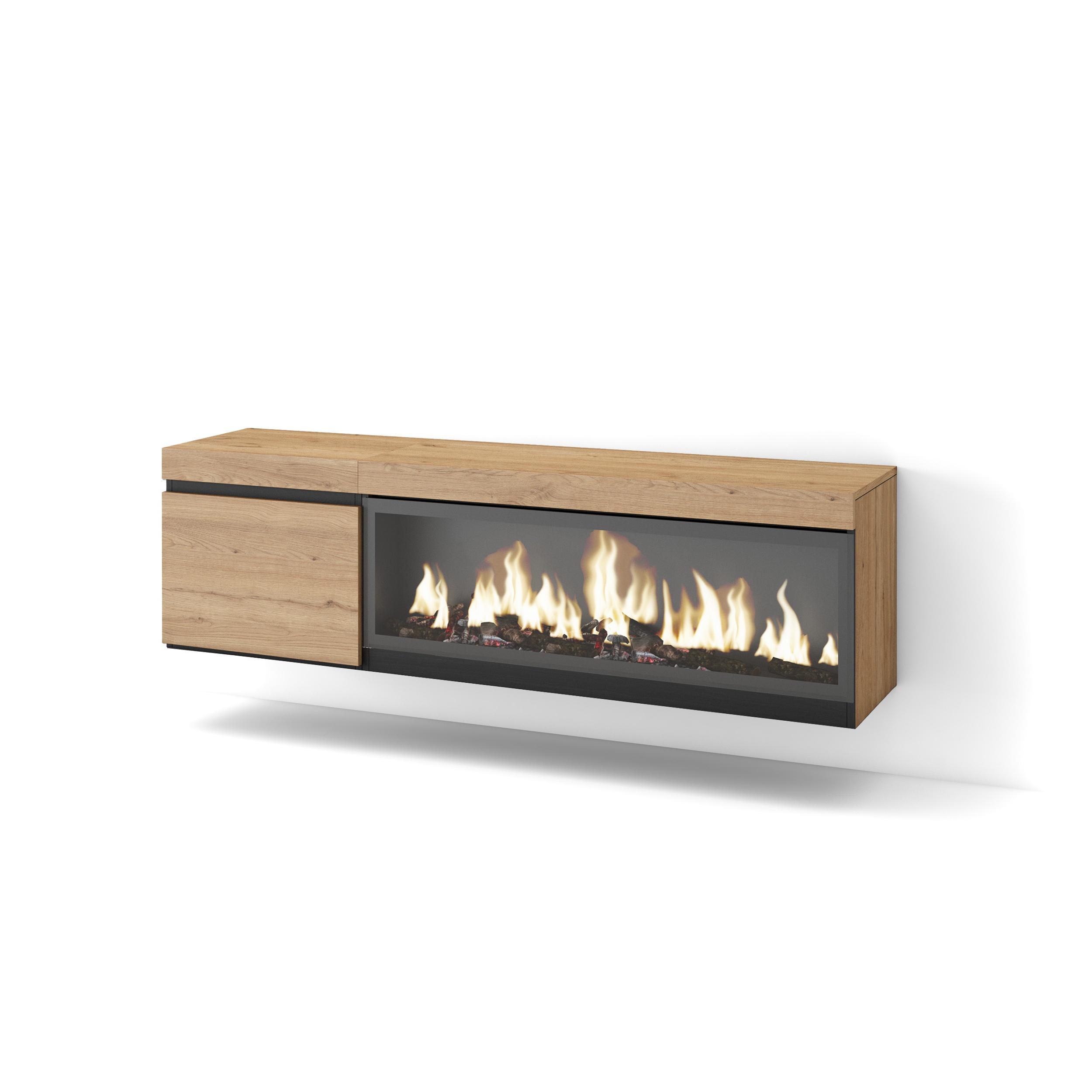 Skraut Home, Mueble Televisión, 158x35x45cm, Fuego Led XXL efecto 3D, Veteado de madera, Tacto poroso de alta calidad