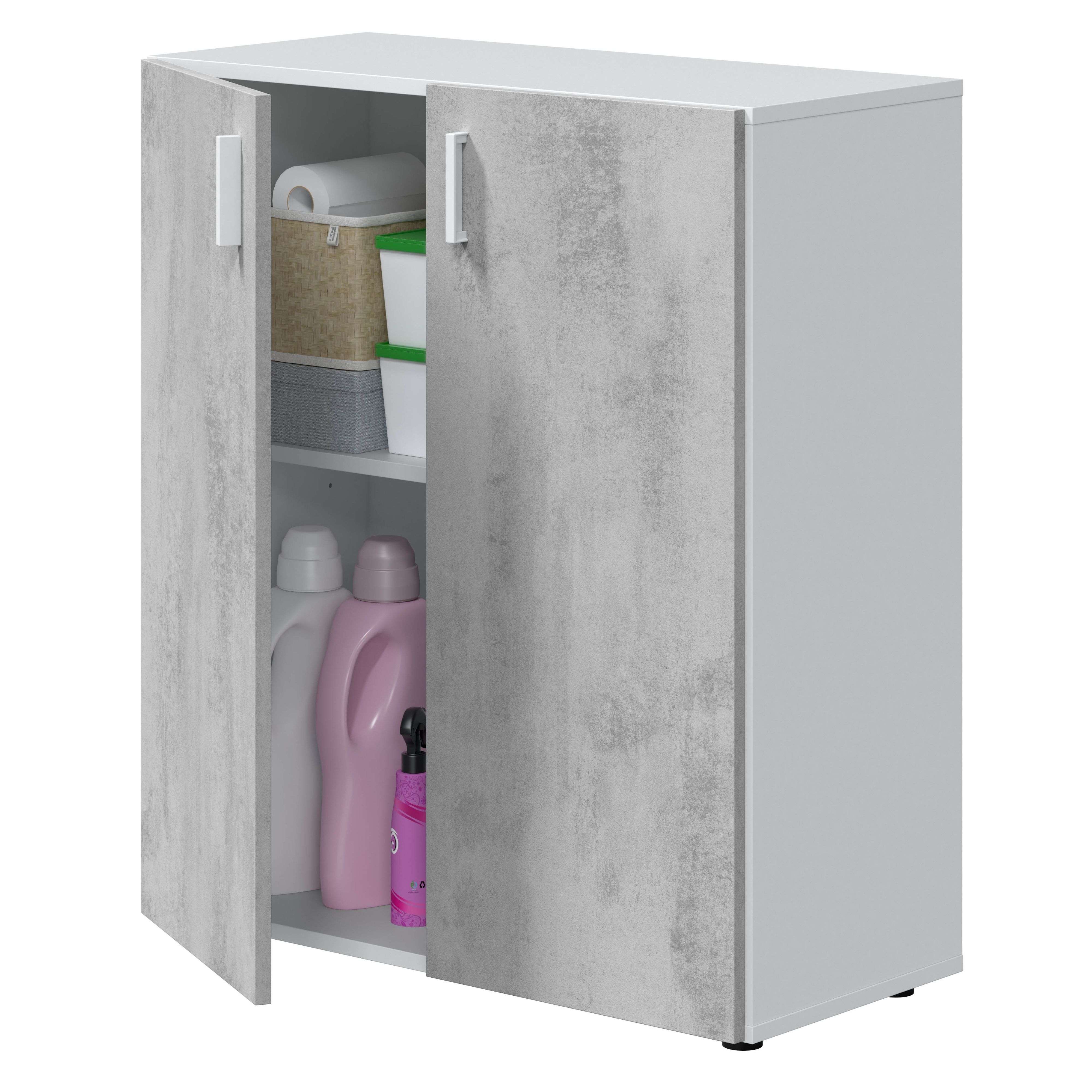 Miroytengo Armario multiusos bajo 2 puertas mueble auxiliar color blanco Artik y gris cemento 92x80x37 cm