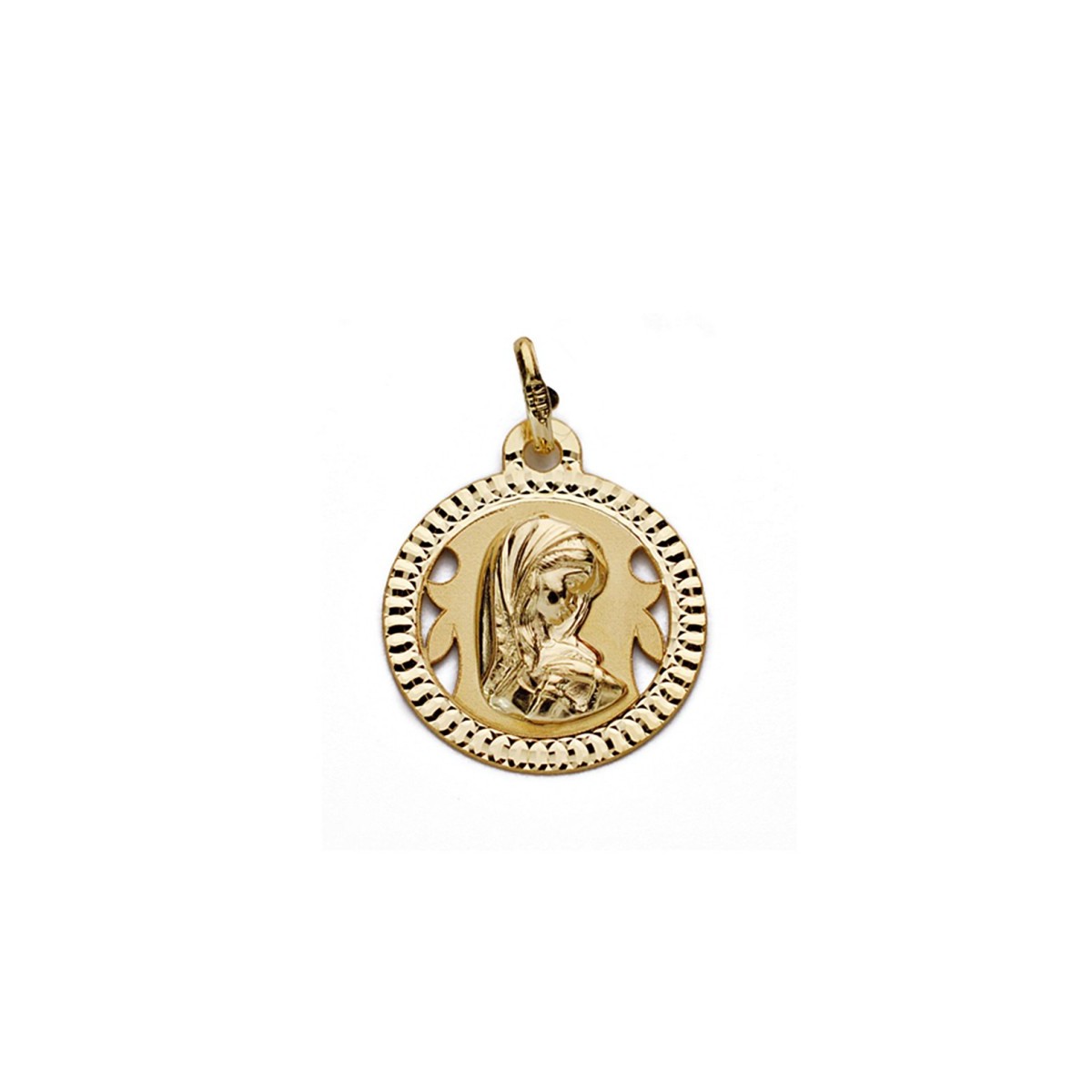 Medalla oro 9k Virgen Niña 16mm. colgante redondo borde tallado detalles calados