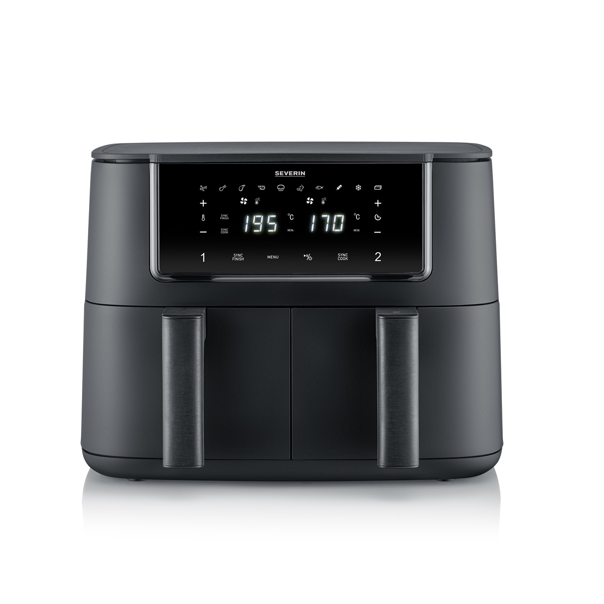 Freidora aire SEVERIN FR 2463: 2 cestas 4L, 11 programas, Sync Cook/Finish, táctil, 2600W.