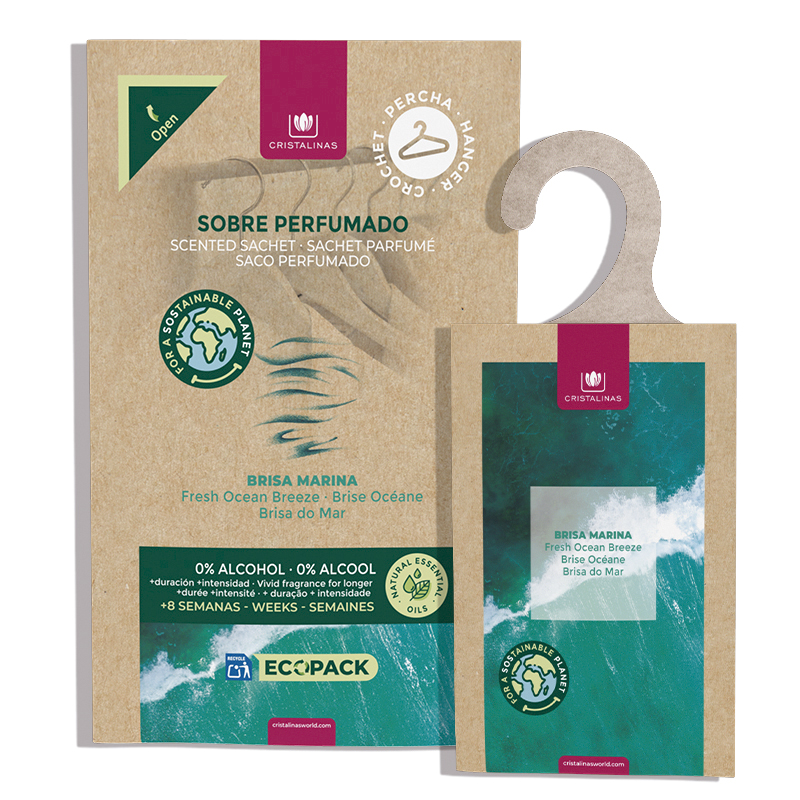 CRISTALINAS Ambientador de Armario Ecopack. Sobre Perfumado100% reciclable. 60 días de duración. Variedad de Aromas: Brisa Marina, Aroma a Limpio, Bebé y Colonia.