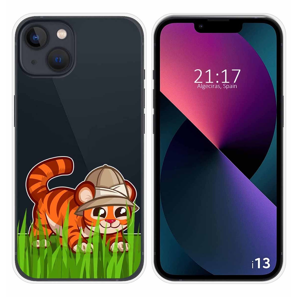 Funda Silicona Transparente compatible con iPhone 13 (6.1) diseño Tigre Dibujos