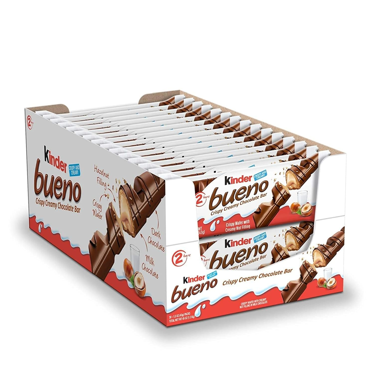 Kinder Bueno Chocolate con leche y crema de avellanas1caja de 30*43g,total 60 barras de chocolate Kinder Bueno White ,Caja de 30 unidades,60 Barritas de Chocolate Blanco