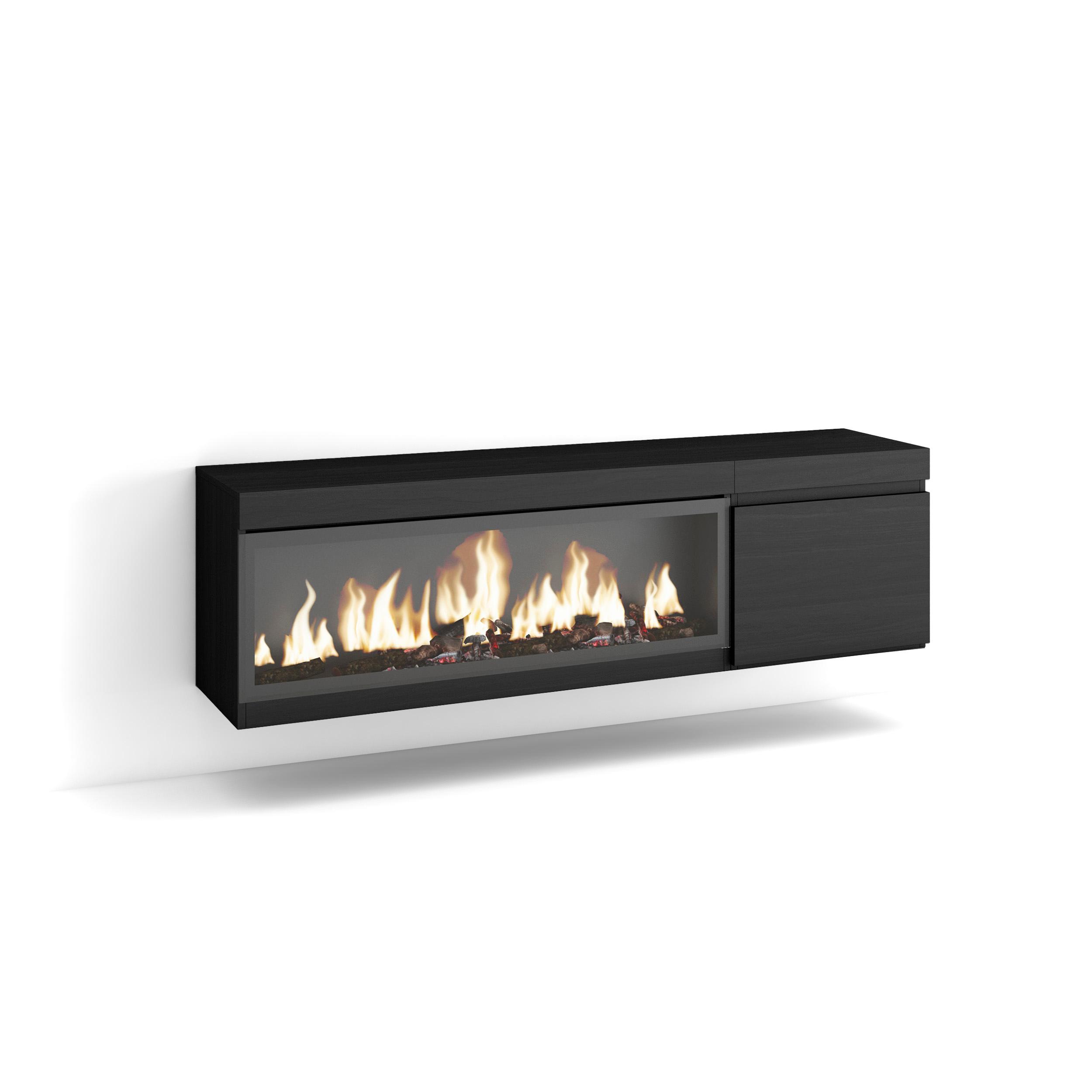 Skraut Home, Mueble Televisión, 158x35x45cm, Fuego Led XXL efecto 3D, Veteado de madera, Tacto poroso de alta calidad