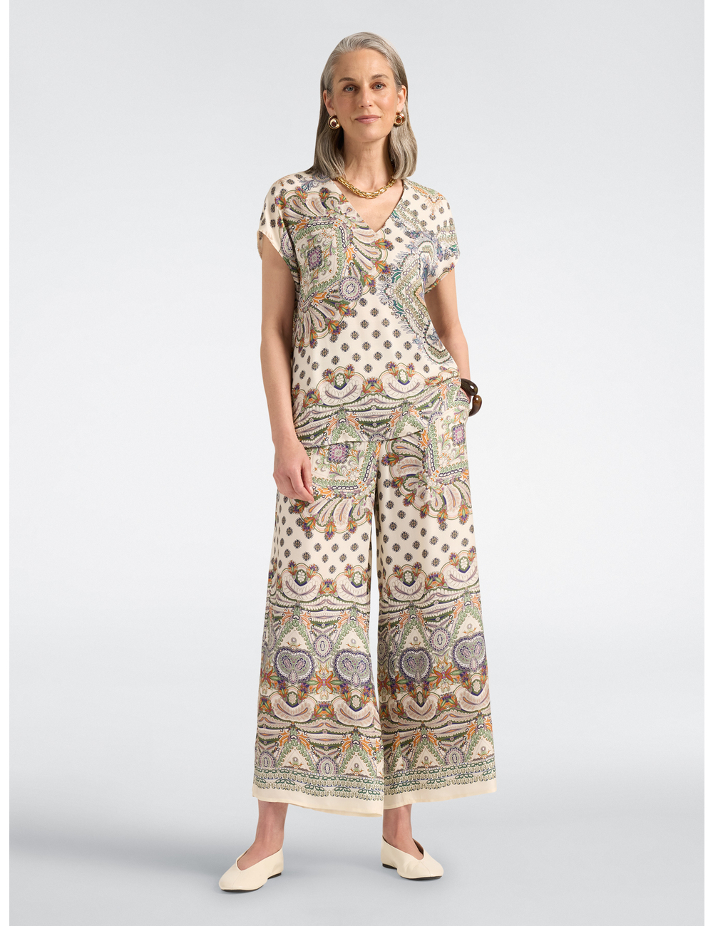 Elena Mirò - Pantalones palazzo de raso estampados