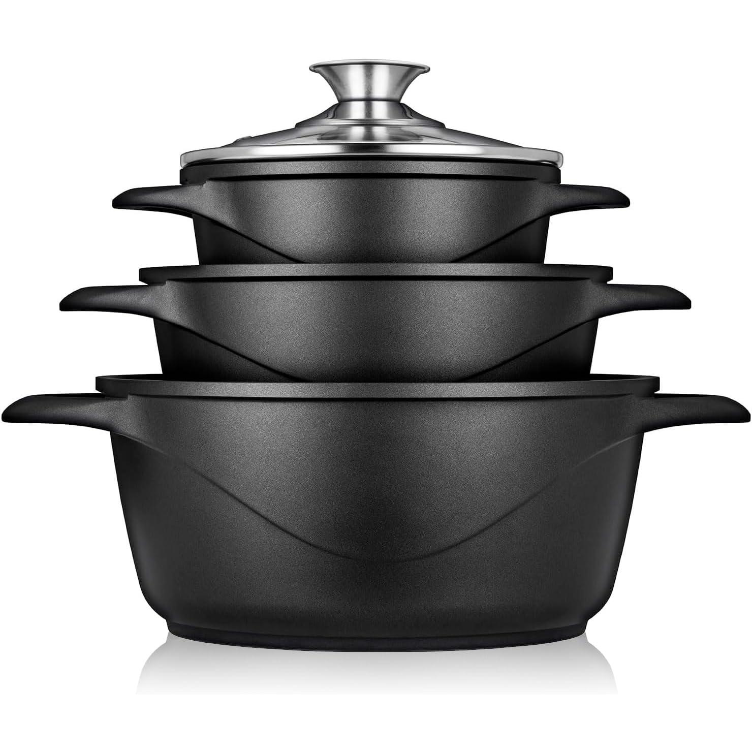 Briebe MGK-18 Batería de Cocina Inducción 6 Piezas Aluminio Fundido 3 Ollas con Tapa de Cristal Antiadherente, , Negro