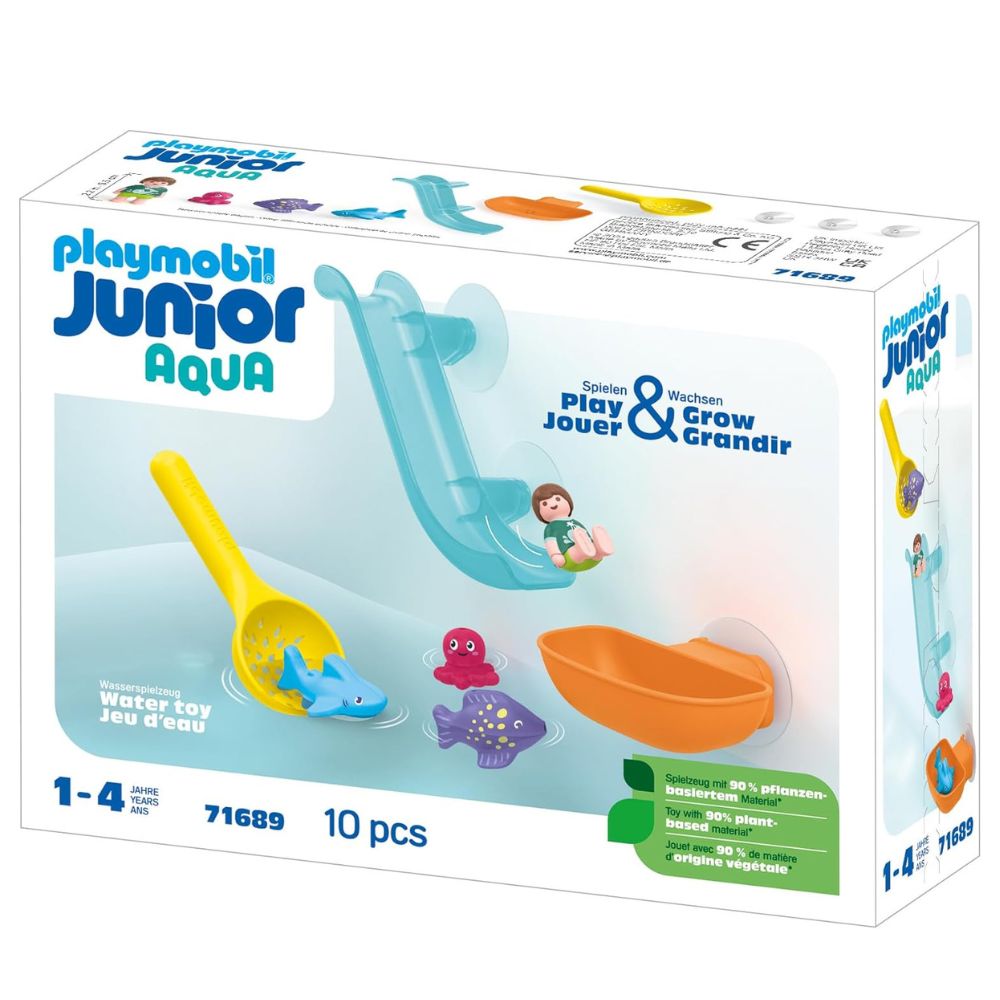 PLAYMOBIL Junior Aqua (71689) Diversión en tu bañera con la pesca de animales del mar, incluye tiburon, pulpo, pez globo y tobogan con ventosa, para niños de 12 meses, novedades