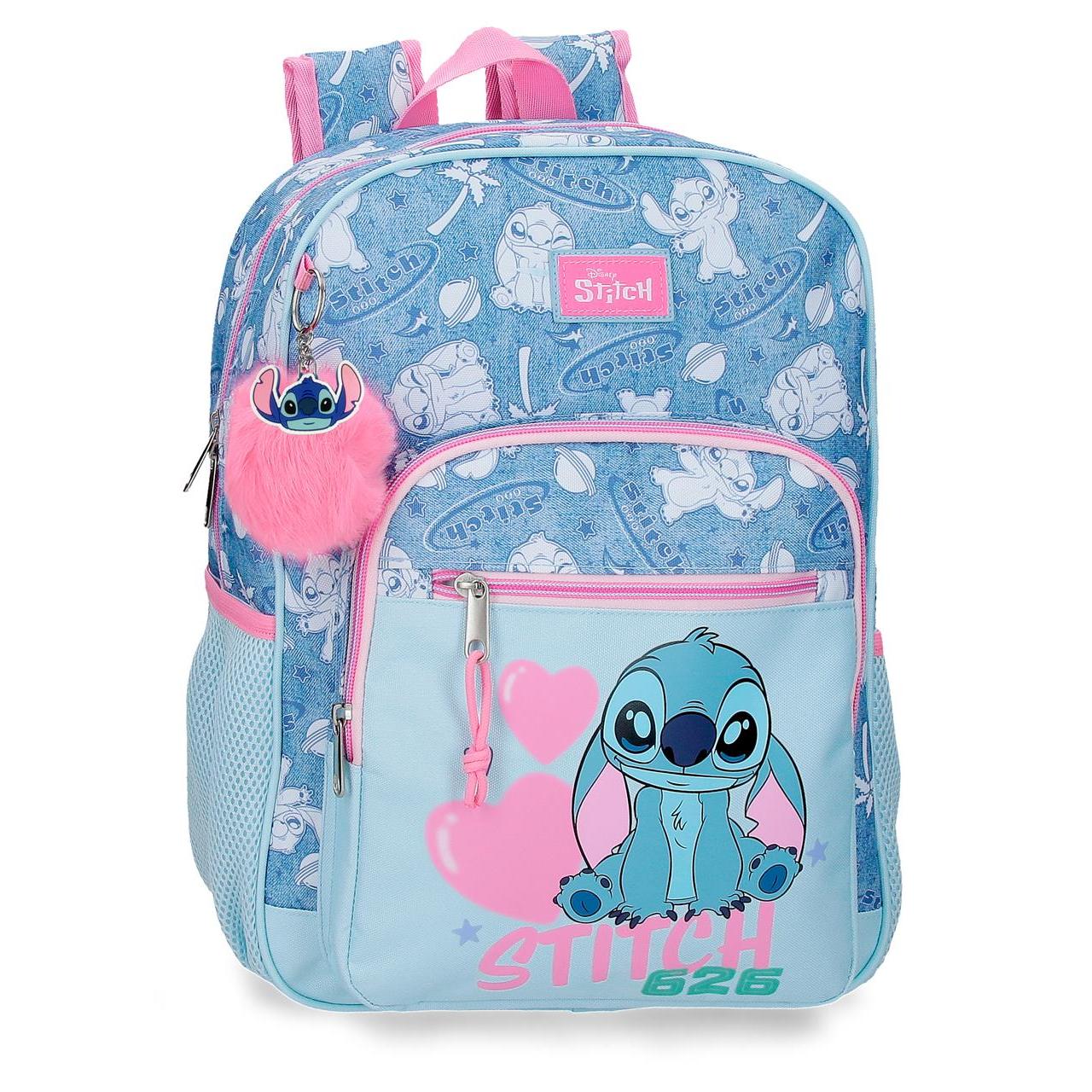 Mochila escolar adaptable a carro Disney Stitch Hearts denim